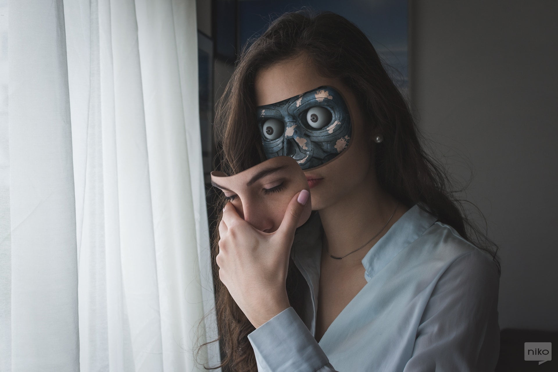 digital art, robot, front view, headshot, young adult, hairstyle, window, lifestyles, looking through an object, obscured face, young women, Niko Photographisme, HD Wallpaper
