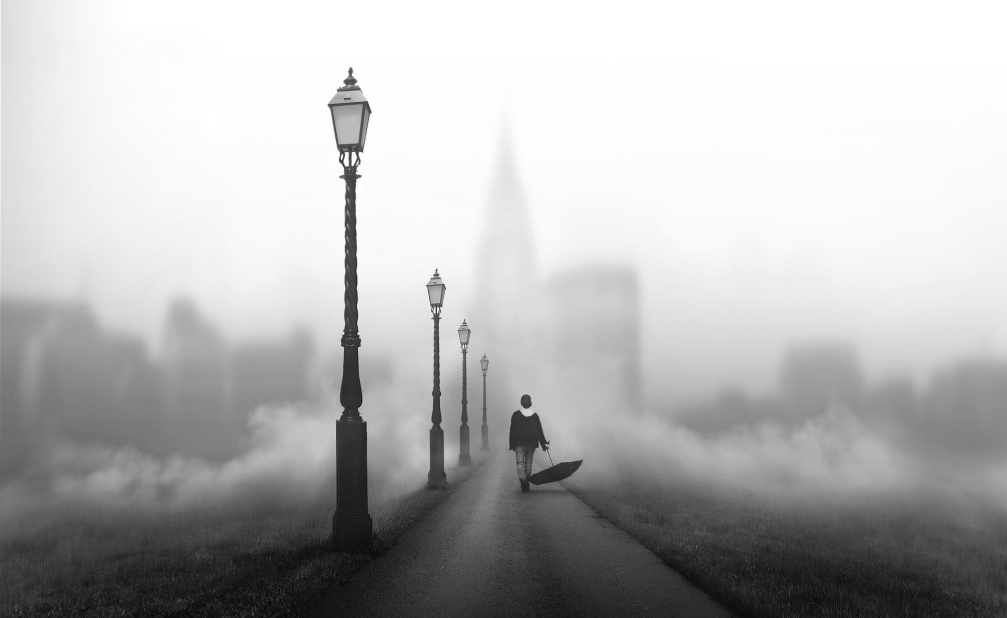 1080P, outdoors, fog, landscape, twilight, tourism, nature, travel destinations, dawn, city, monochrome, digital art, adult, cityscape, women, mist, lantern, HD Wallpaper