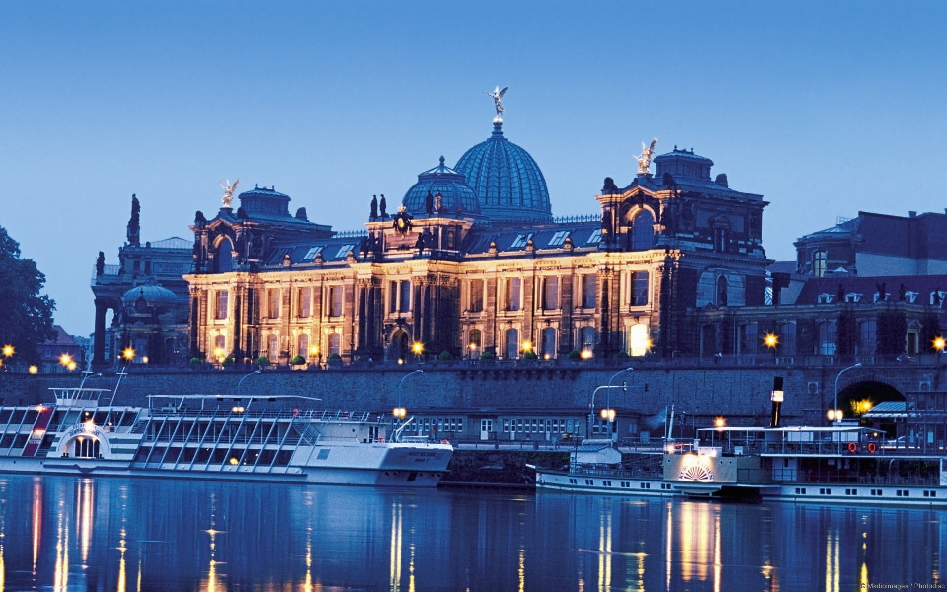 waterfront, dresden, th, windows, dusk, travel destinations, illuminated, 1080P, transportation, no people, arts, academy, architecture, fine, water, building exterior, HD Wallpaper