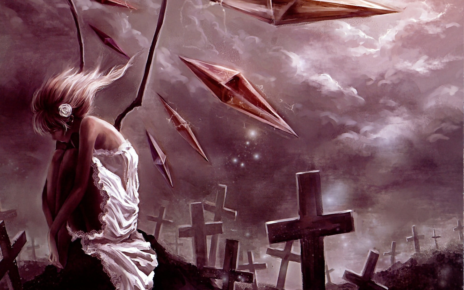 realistic, crowdesu, rose, 1080P, scarlet, fantasy, white, studio, moon, zun, flandre, touhou, hair, short, flower, artbook, night, world, wings, cross, HD Wallpaper