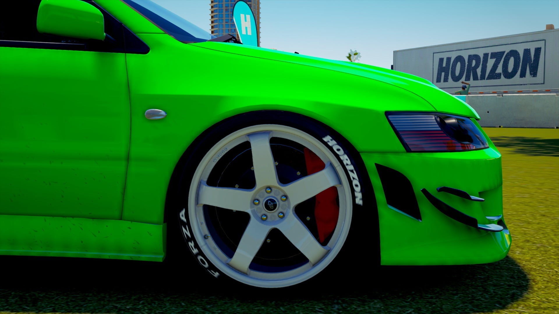 wheel, transportation, Mitsubishi, Lancer Evolution VIII , mode of transportation, day, forza horizon 3, car, green cars, city, green color, stationary, HD Wallpaper