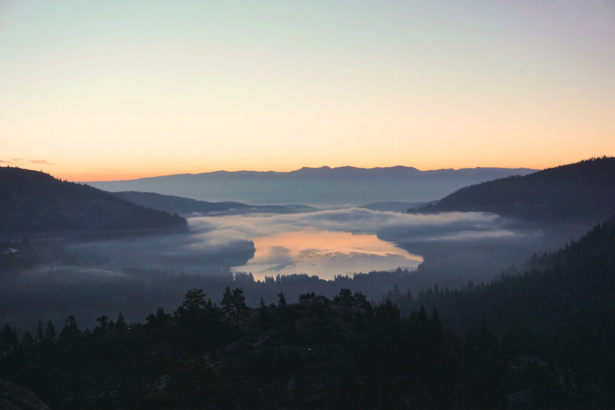 nature, mountain range, environment, orange color, sky, scenics - nature, horizon, mountain, no people, hazy, donner lake, sunrise, silhouette, mountains, HD Wallpaper