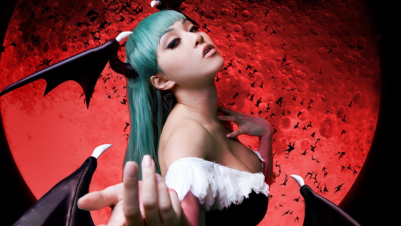 Darkstalkers, eyes closed, glamour, young women, red, make-up, hairstyle, headshot, 720P, one person, portrait, adult, Morrigan Aensland, fashion model, HD Wallpaper