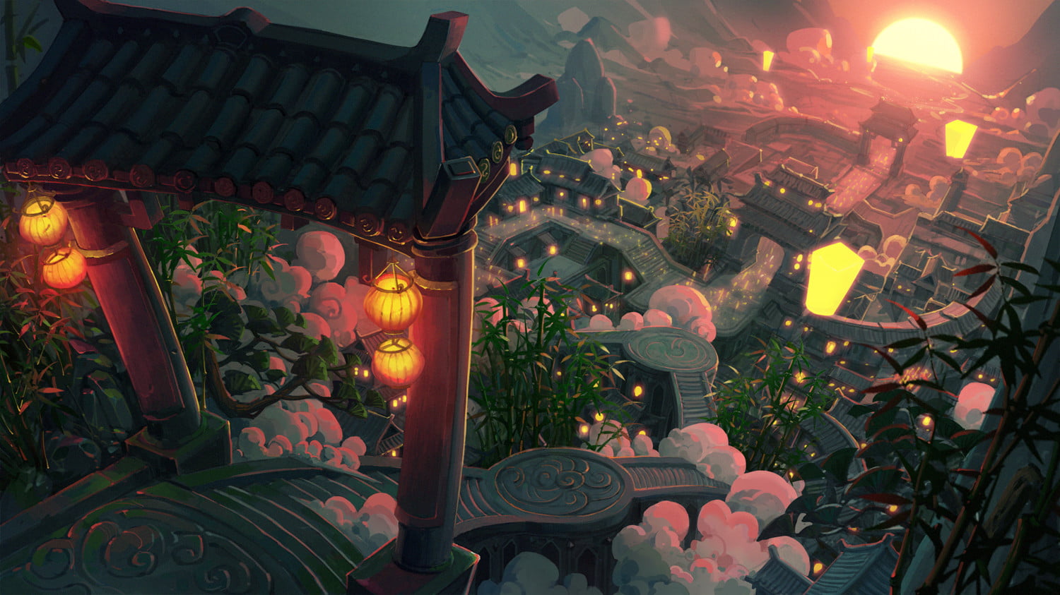 landscape, 720P, Lei Min, sunset, Asian architecture, fantasy art, digital art, HD Wallpaper