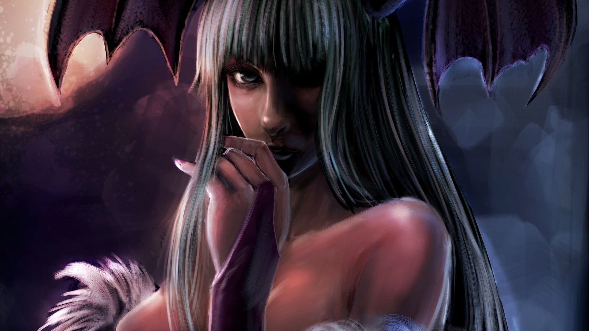 headshot, 1080P, indoors, looking, black background, portrait, childhood, beautiful woman, contemplation, beauty, sadness, long hair, hair, women, Darkstalkers, HD Wallpaper