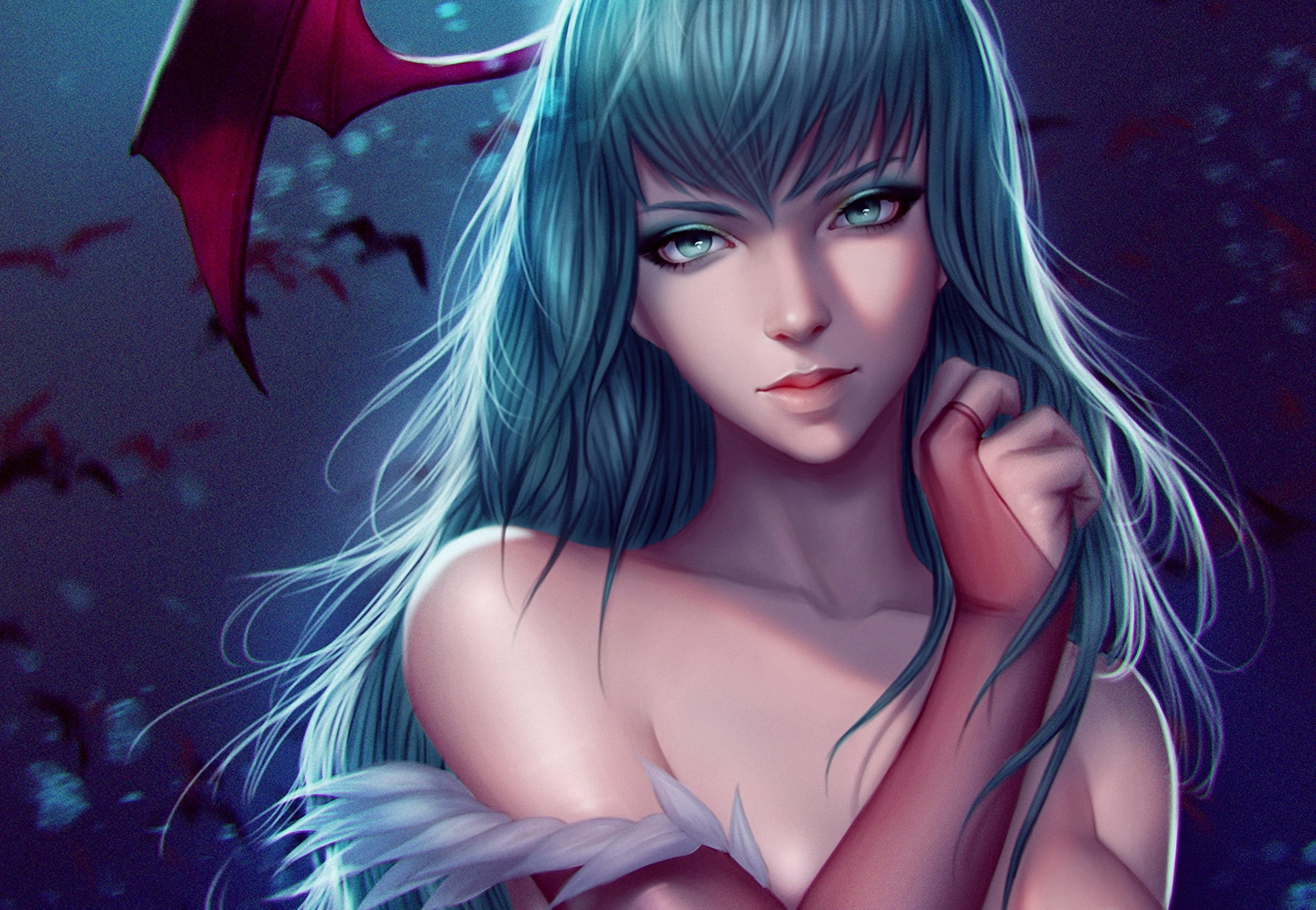 face, hand, 1080P, Morrigan, Darkstalkers, girl, HD Wallpaper