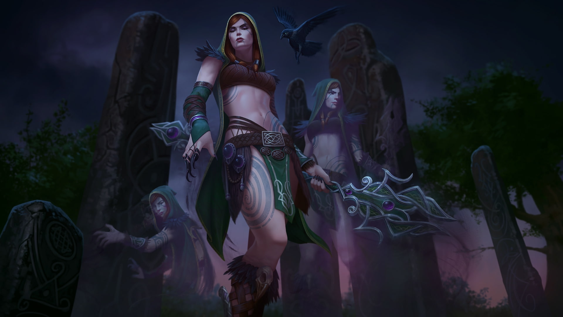smite, male likeness, people, belief, Games, statue, artwork, hairstyle, women, angel, nature, female likeness, the morrigan, adult, sculpture, crows, fashion, HD Wallpaper