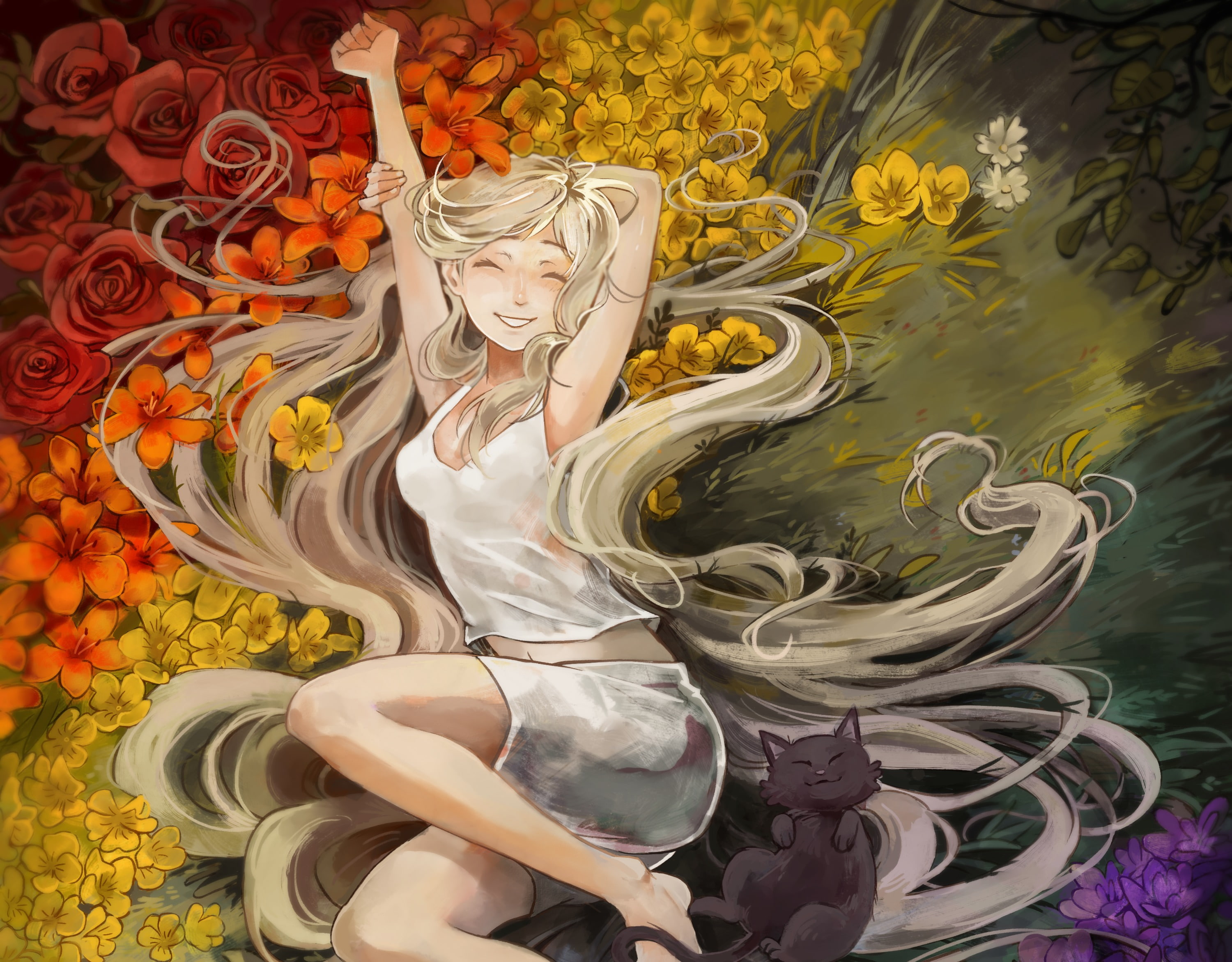 mood, flowers, cat, 2K, glade, Picolo-kun, summer, girl, HD Wallpaper