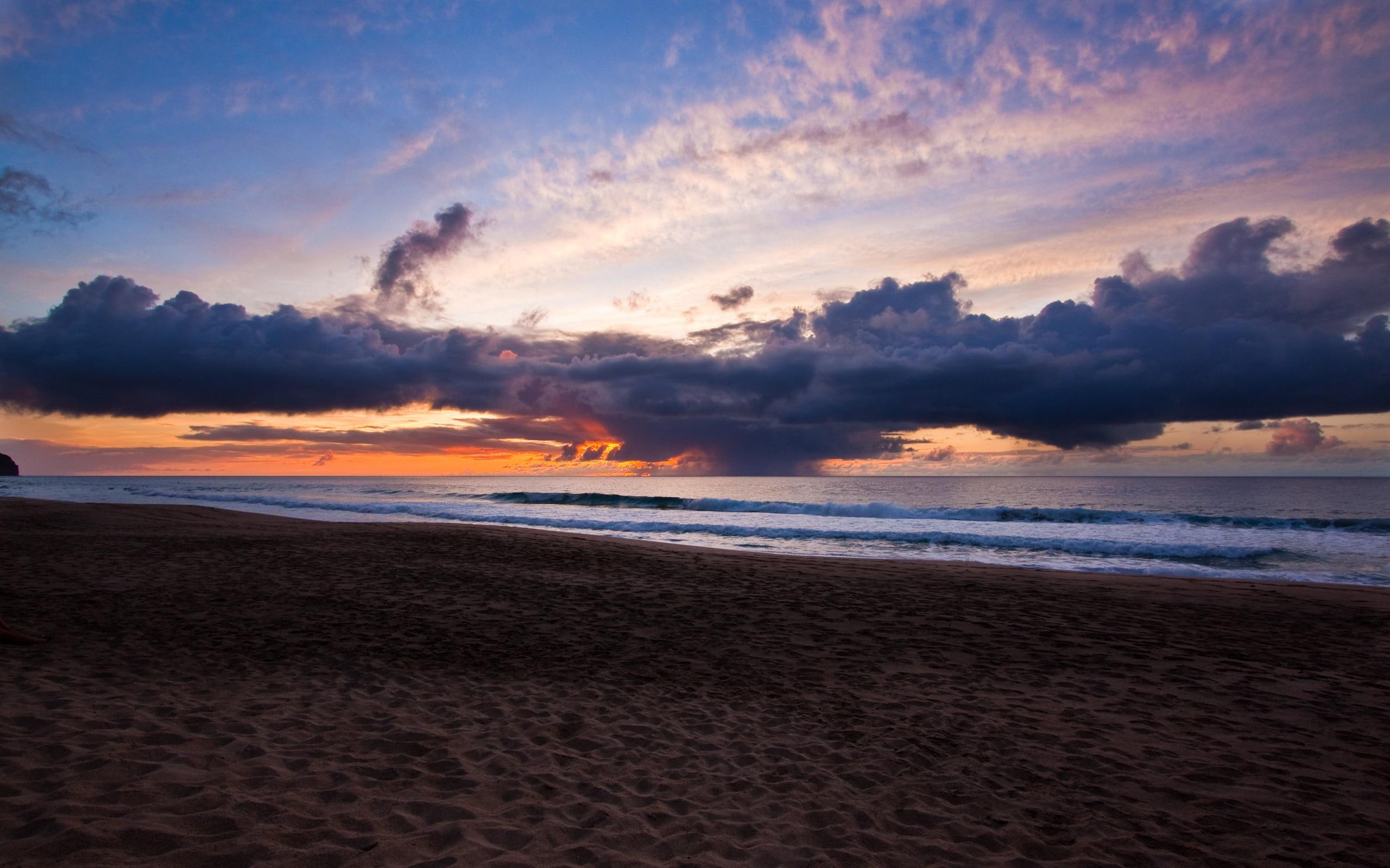 colors, beaches, 3d and abstract, clouds, sunset, ocean, na, 2K, pali, beautiful, calm, nature, HD Wallpaper
