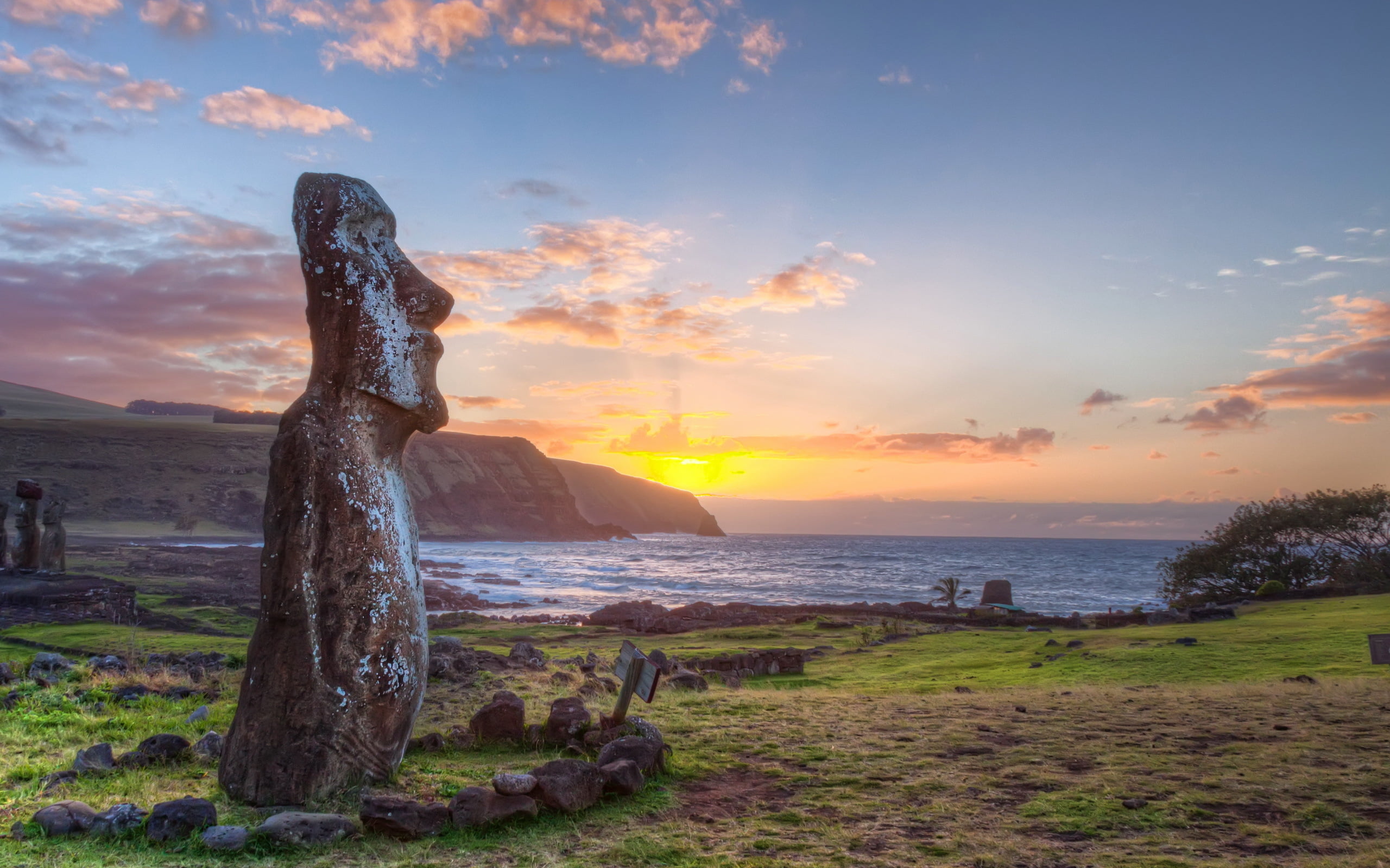 sunset, beach, no people, sea, remote, wooden post, horizon, beauty in nature, scenics - nature, Easter Island, 2K, cloud - sky, outdoors, tranquil scene, HD Wallpaper