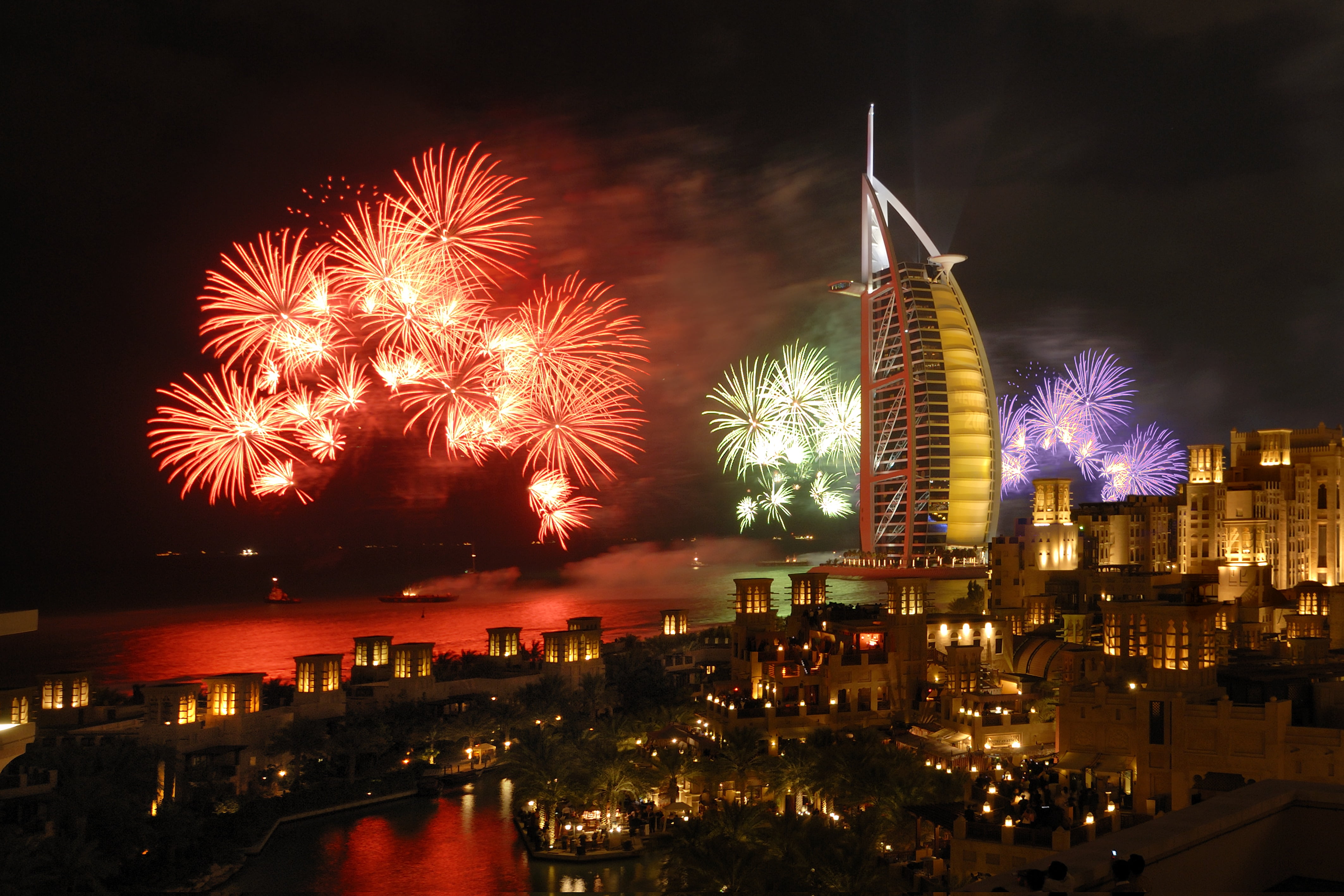 nature, no people, arts culture and entertainment, light, 4K, built structure, firework display, office building exterior, arab, jumeirah, new years eve, HD Wallpaper