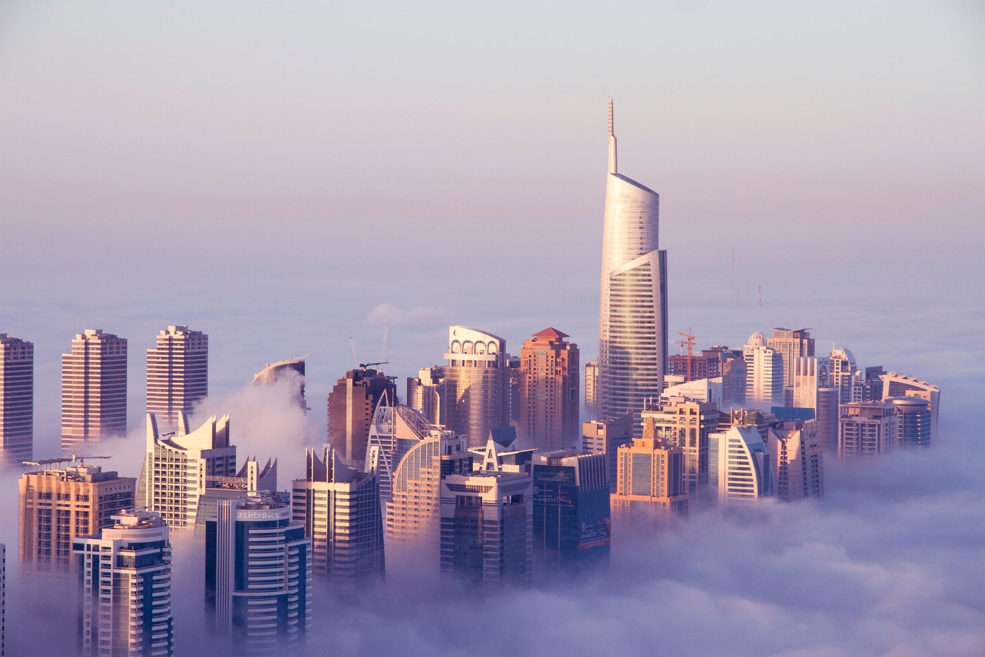 Dubai, Fog, business, nature, office, building, urban skyline, reflection, modern, city, outdoors, finance, travel destinations, architecture, landscape, HD Wallpaper
