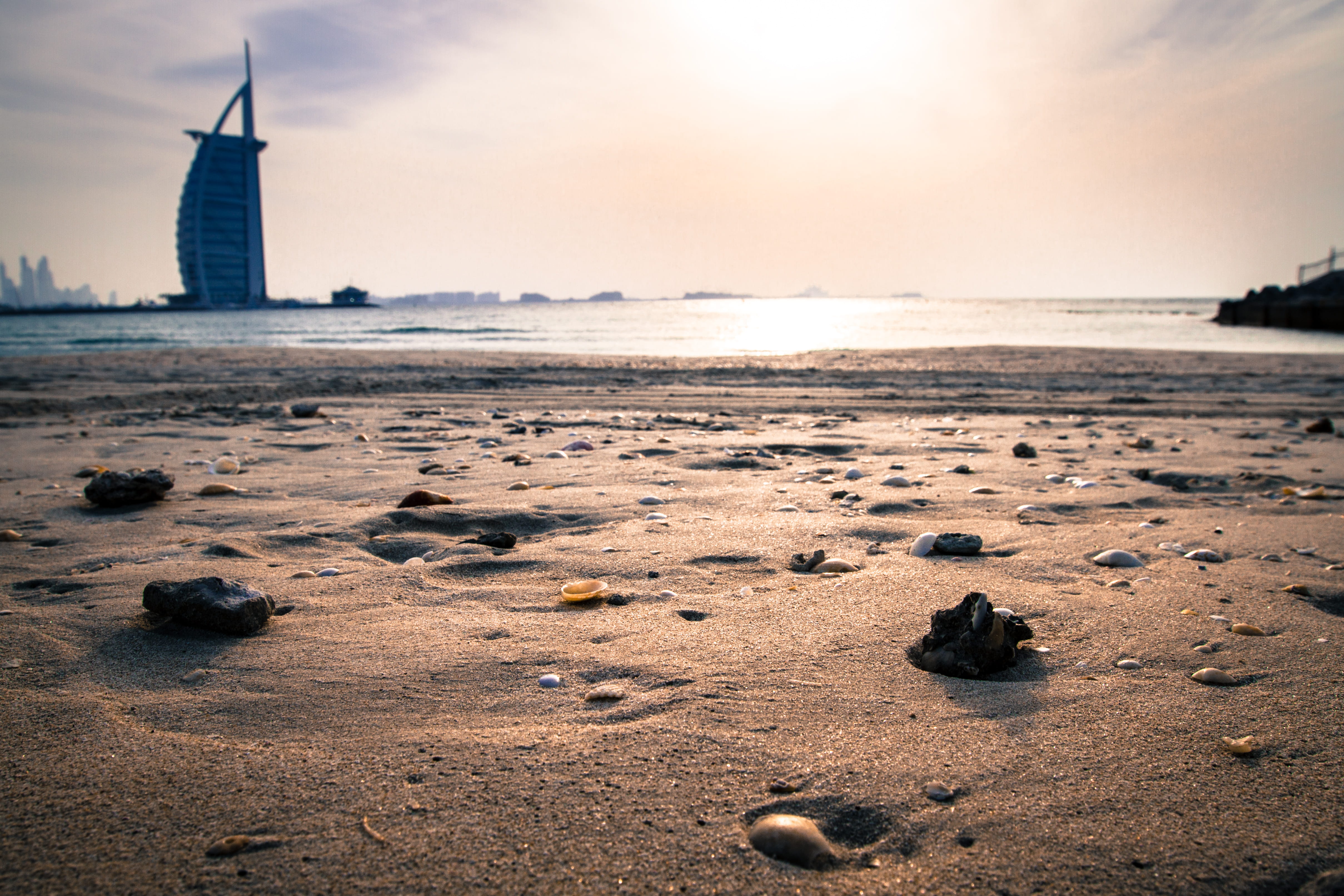 dubai, burj, uae, jumeirah beach, solid, jumeirah, summer, sunset, tower, architecture, united arab emirates, beach, sky, 4K, building exterior, sand, HD Wallpaper