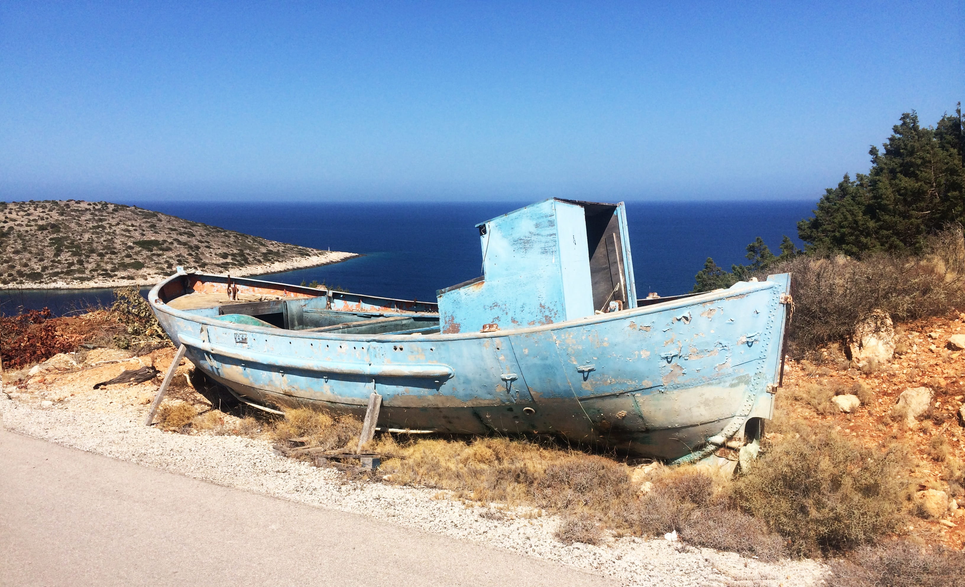 old, nautical vessel, abandoned, 2K, beach, transportation, run-down, sky, decline, day, water, greece, mediterranean, deterioration, nature, chios, land, HD Wallpaper