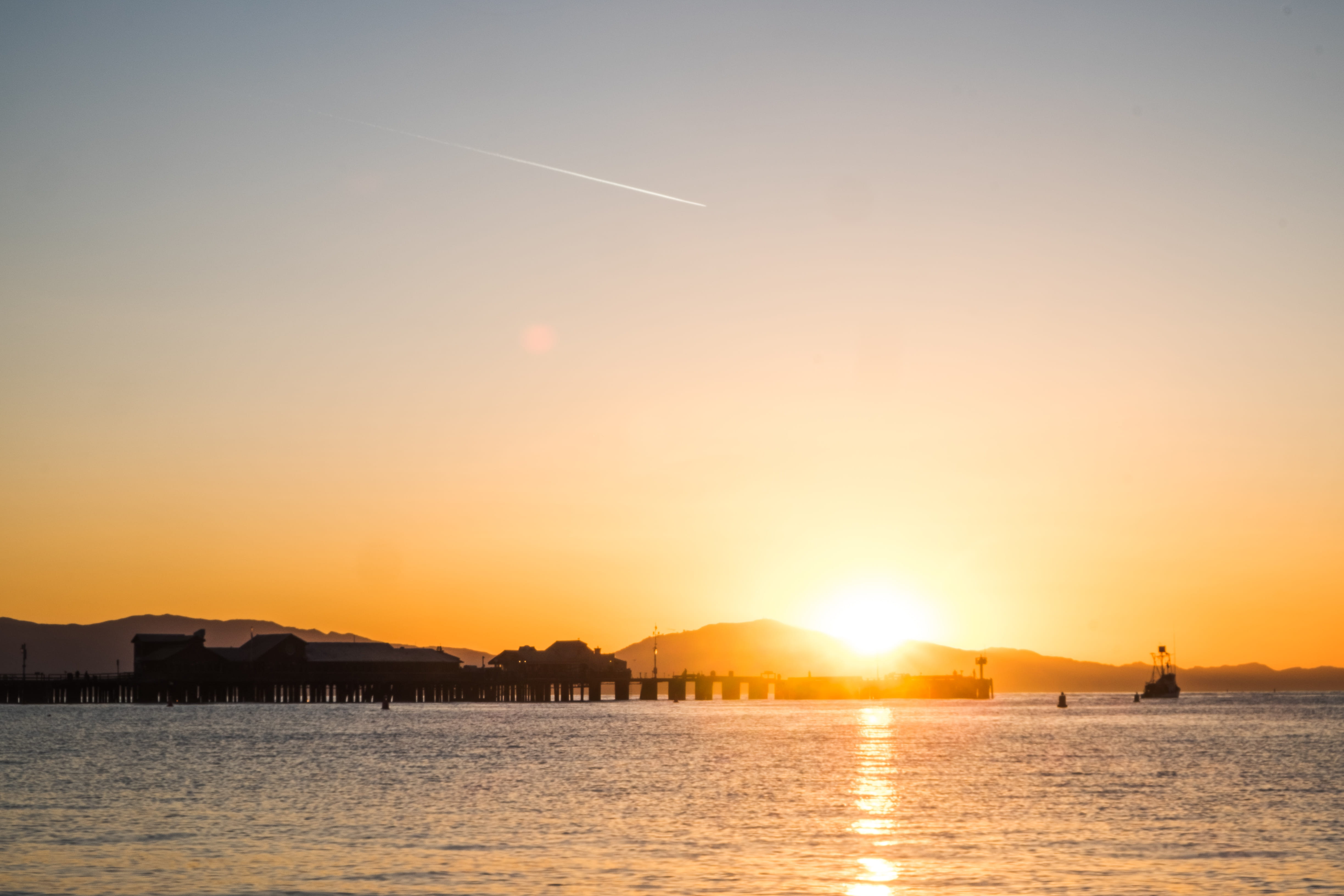dawn, pier, scenics - nature, water, dusk, catalina island, no people, reflection, jetty, santa barbara, lens flare, cloud - sky, tranquil scene, nature, HD Wallpaper