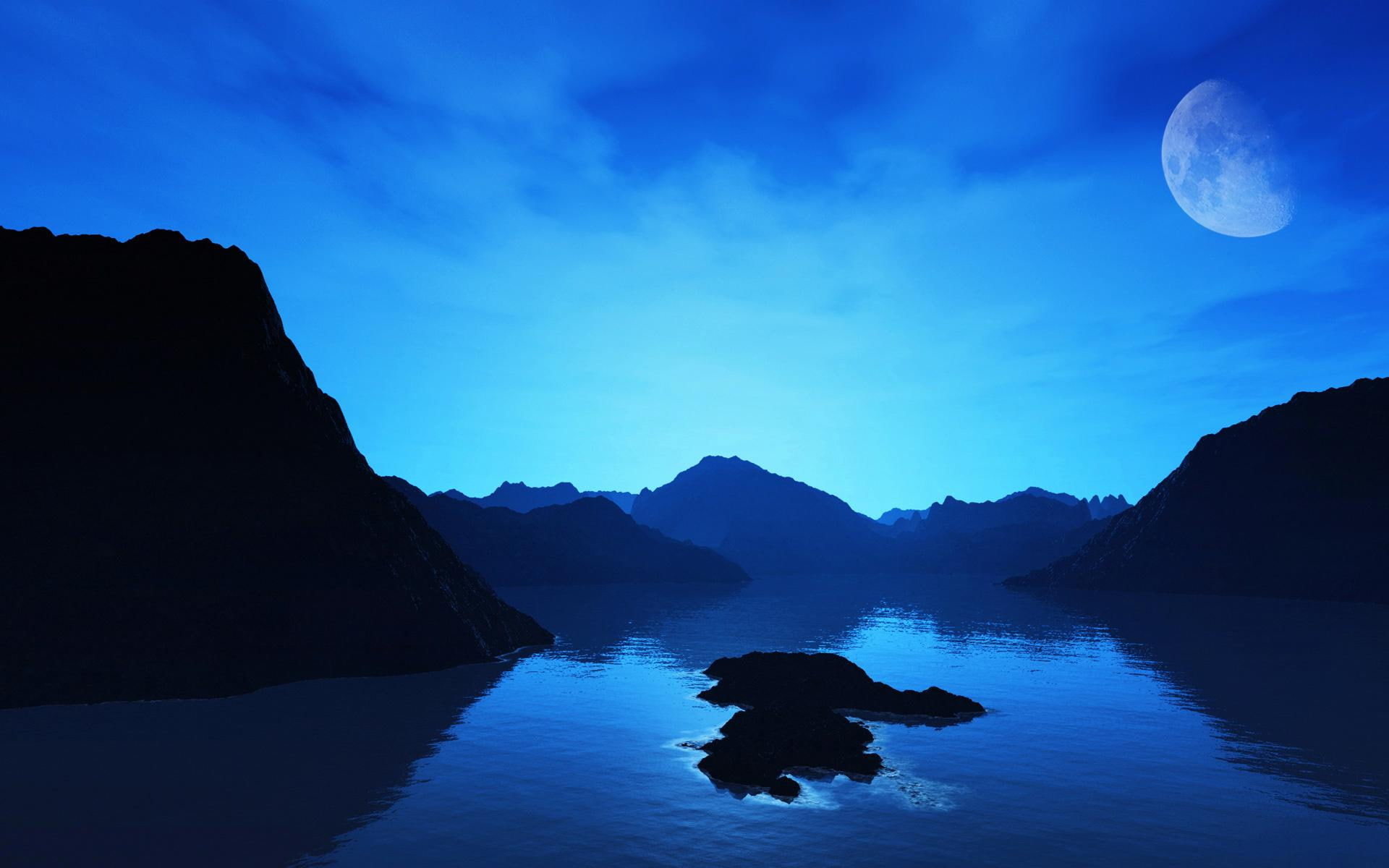 3d and abstract, 1080P, oceans, moon, nature, blue, catalina, cove, night, HD Wallpaper