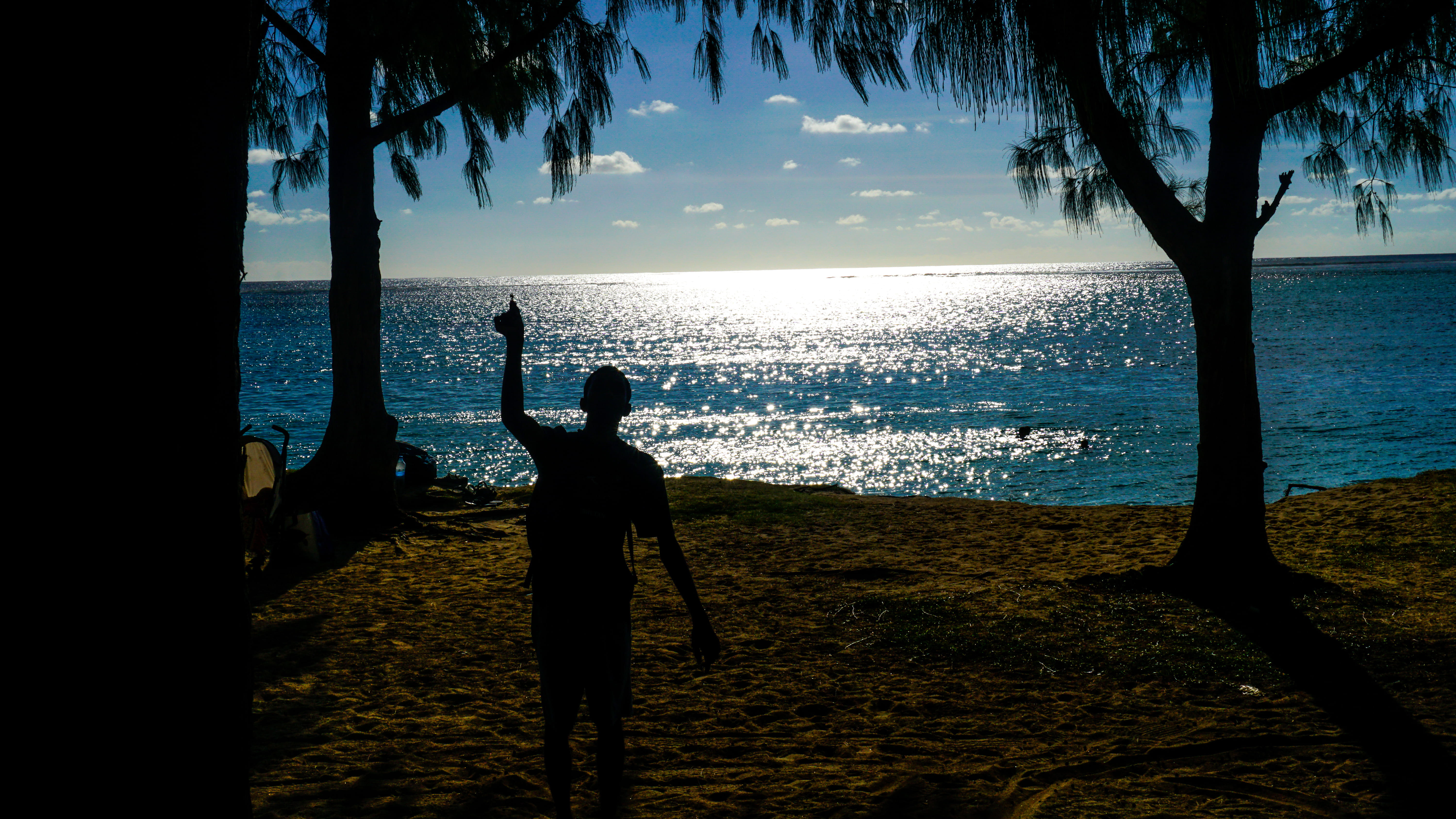 scenics - nature, standing, mauritius, tranquility, sea, sky, one person, nature, beach, men, silhouette, water, 5K, arms raised, lifestyles, le morne brabant, HD Wallpaper