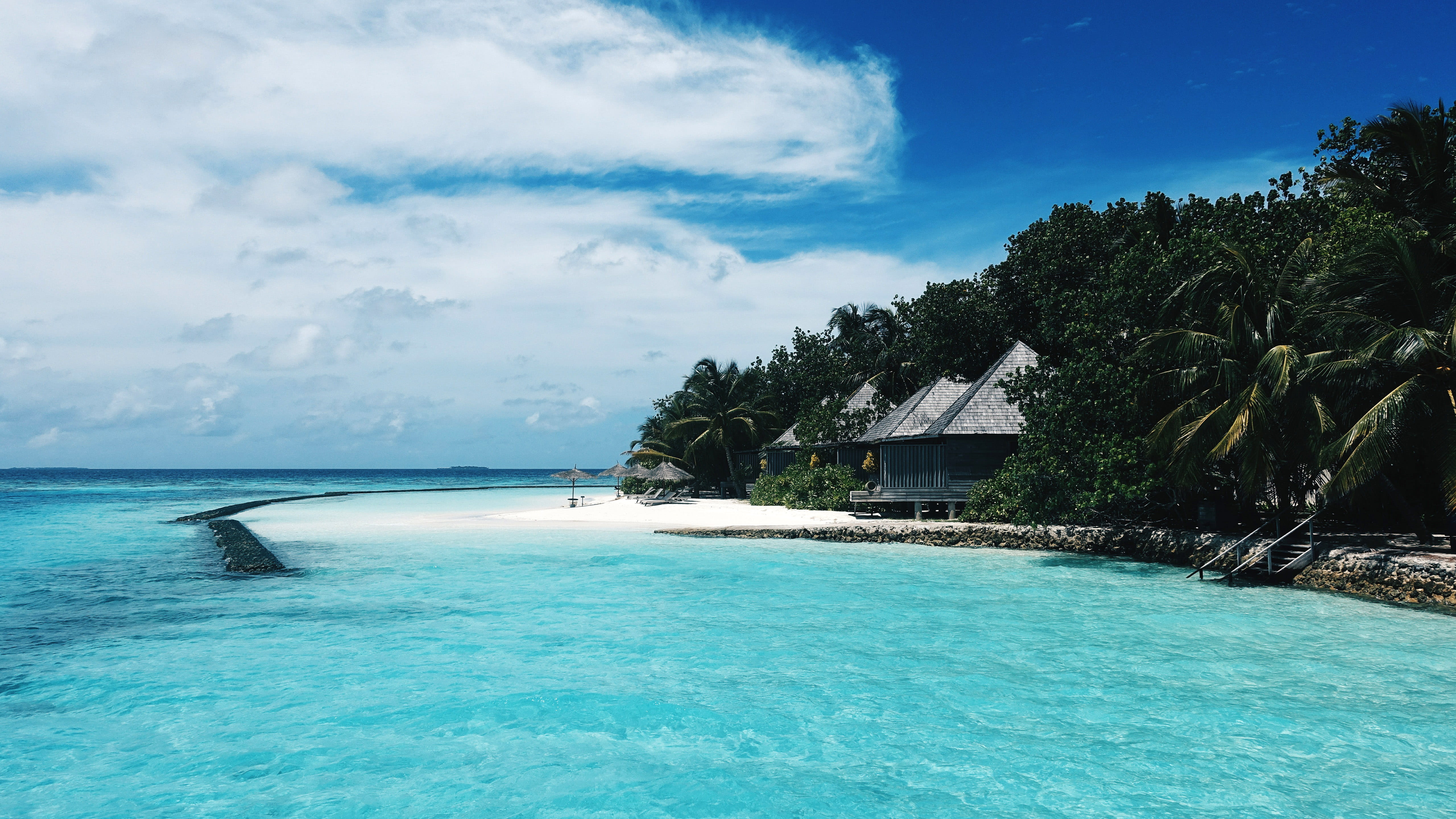 sand, lagoon, cloud - sky, beaches, blue, public domain, Maldives, nature, outdoors, idyllic, caribbean Sea, palm Tree, scenics - nature, landscape, plant, HD Wallpaper