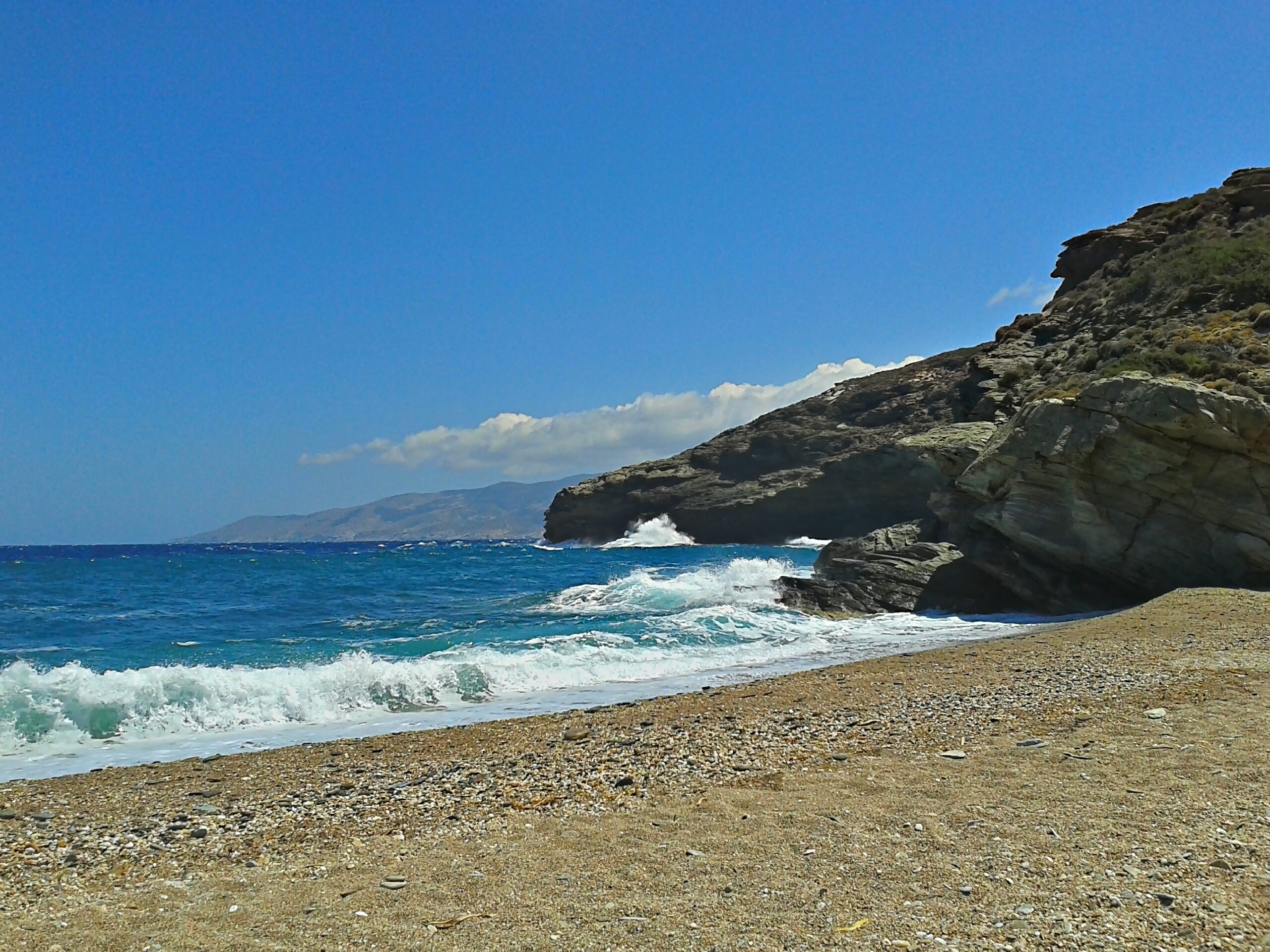 rock - object, coastline, land, waves, outdoors, islands, horizon over water, andros, beachfront, day, blue, sky, greek, scenics - nature, rock, copy space, HD Wallpaper