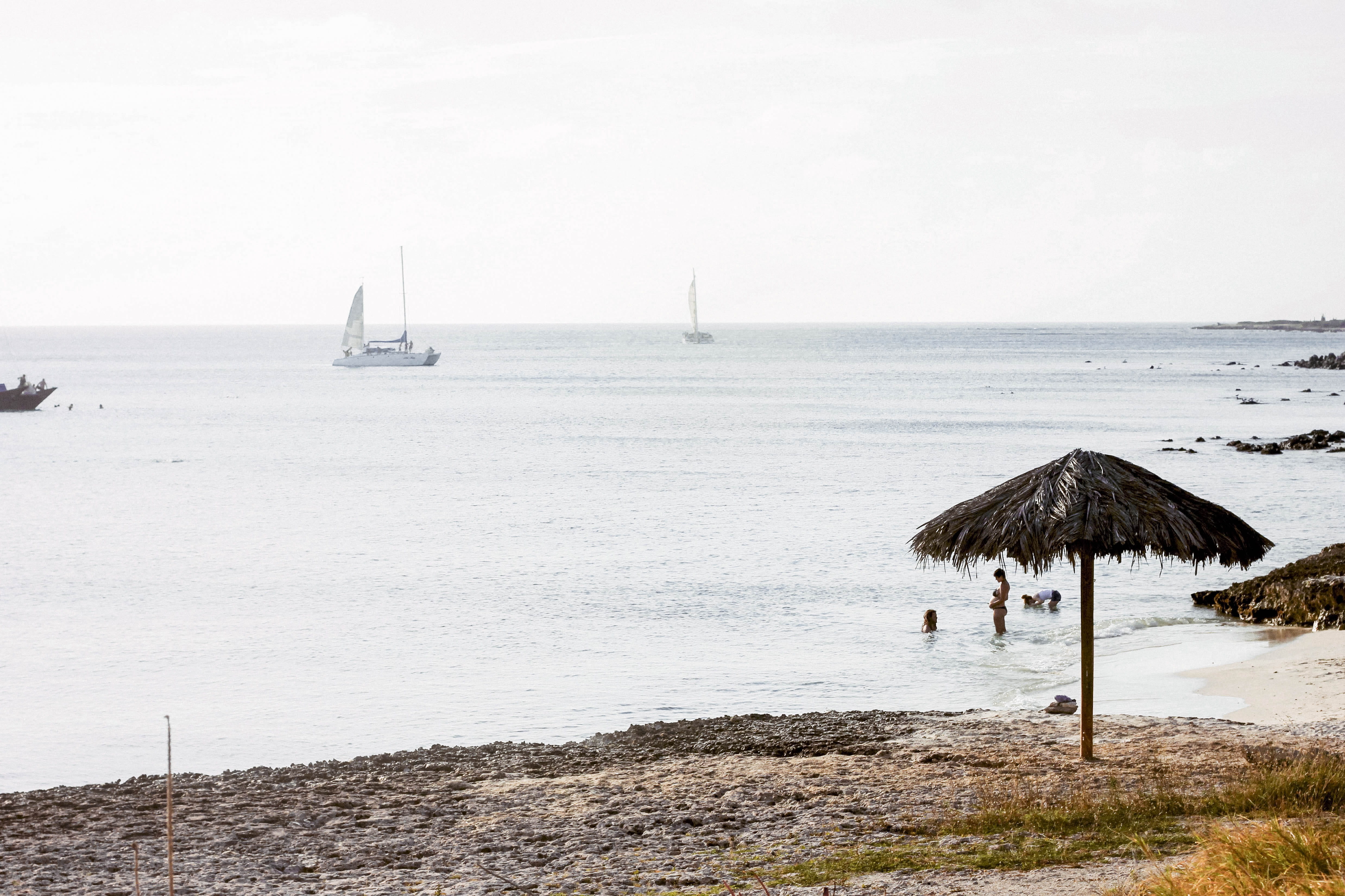 outdoors, people, travel, paradise, beach umbrella, swimming, aruba, tranquil scene, tranquility, day, sky, no people, oranjestad, umbrella, horizon, humans, HD Wallpaper