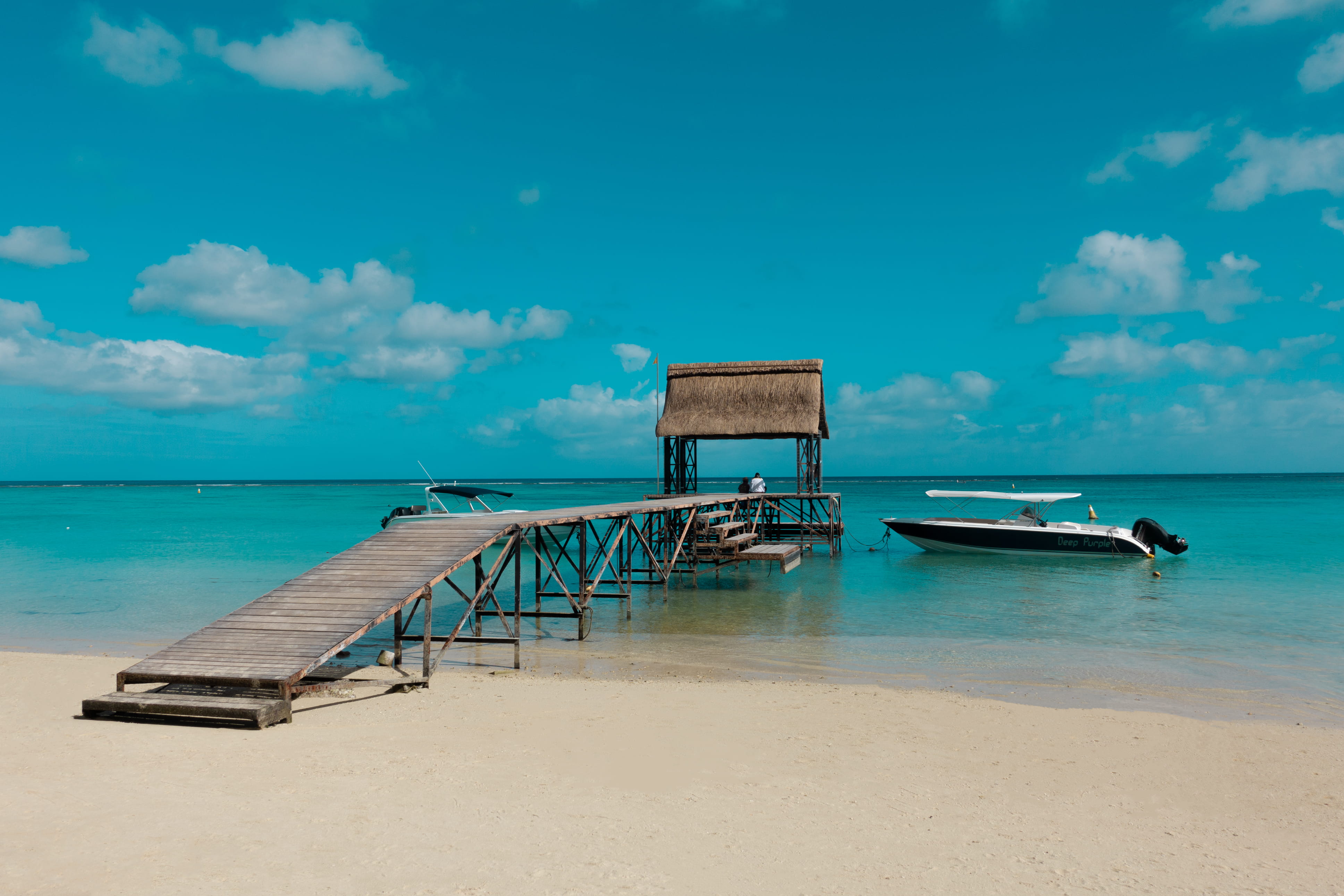 land, holidays, speed, beach, trou aux biches beach, sea, horizon, tranquility, 4K, boat, azure, no people, architecture, sky, beauty in nature, water, HD Wallpaper