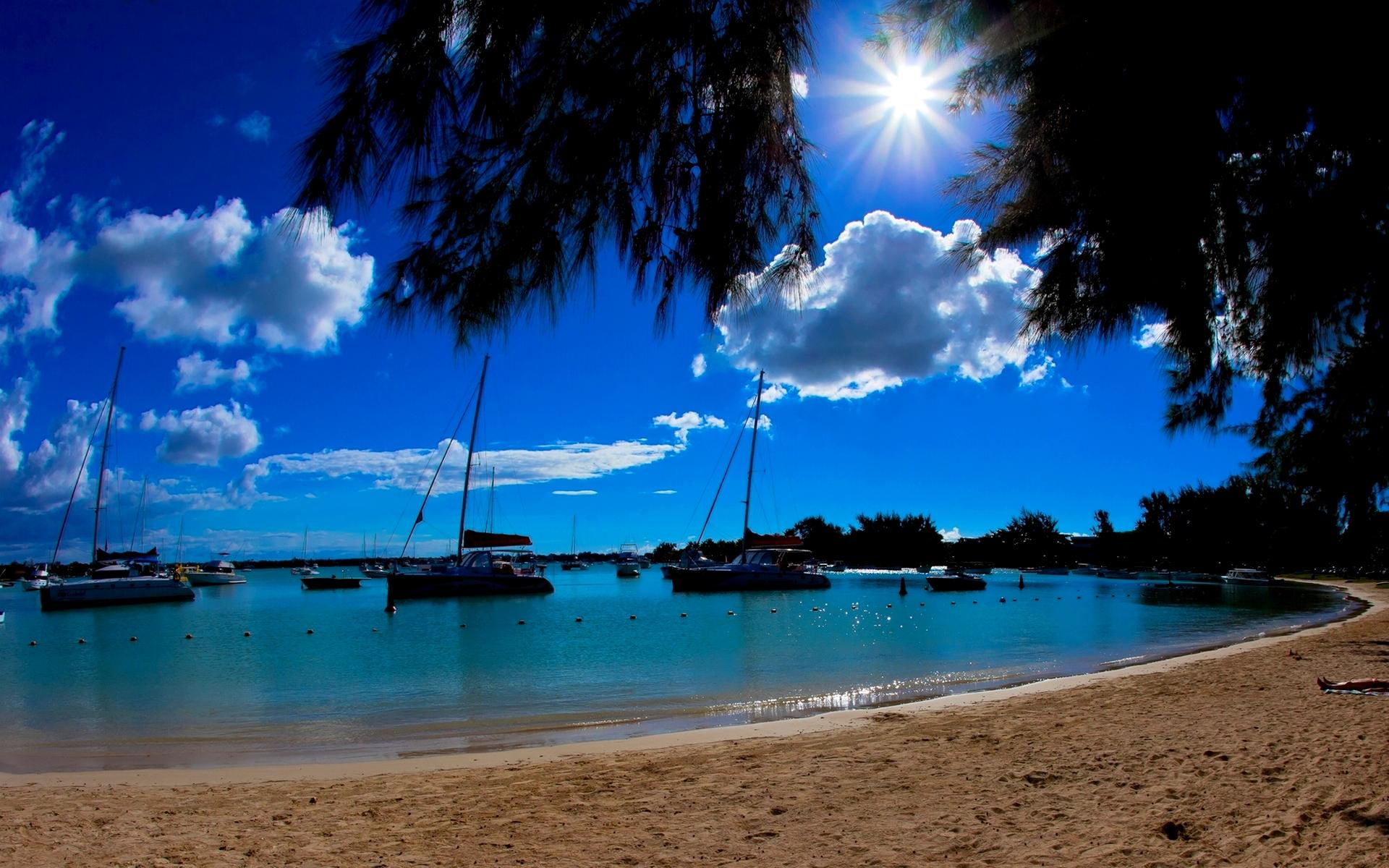 day, summer, nature and landscapes, 1080P, bright, mauritius, beach, boats, sunshine, clouds, HD Wallpaper