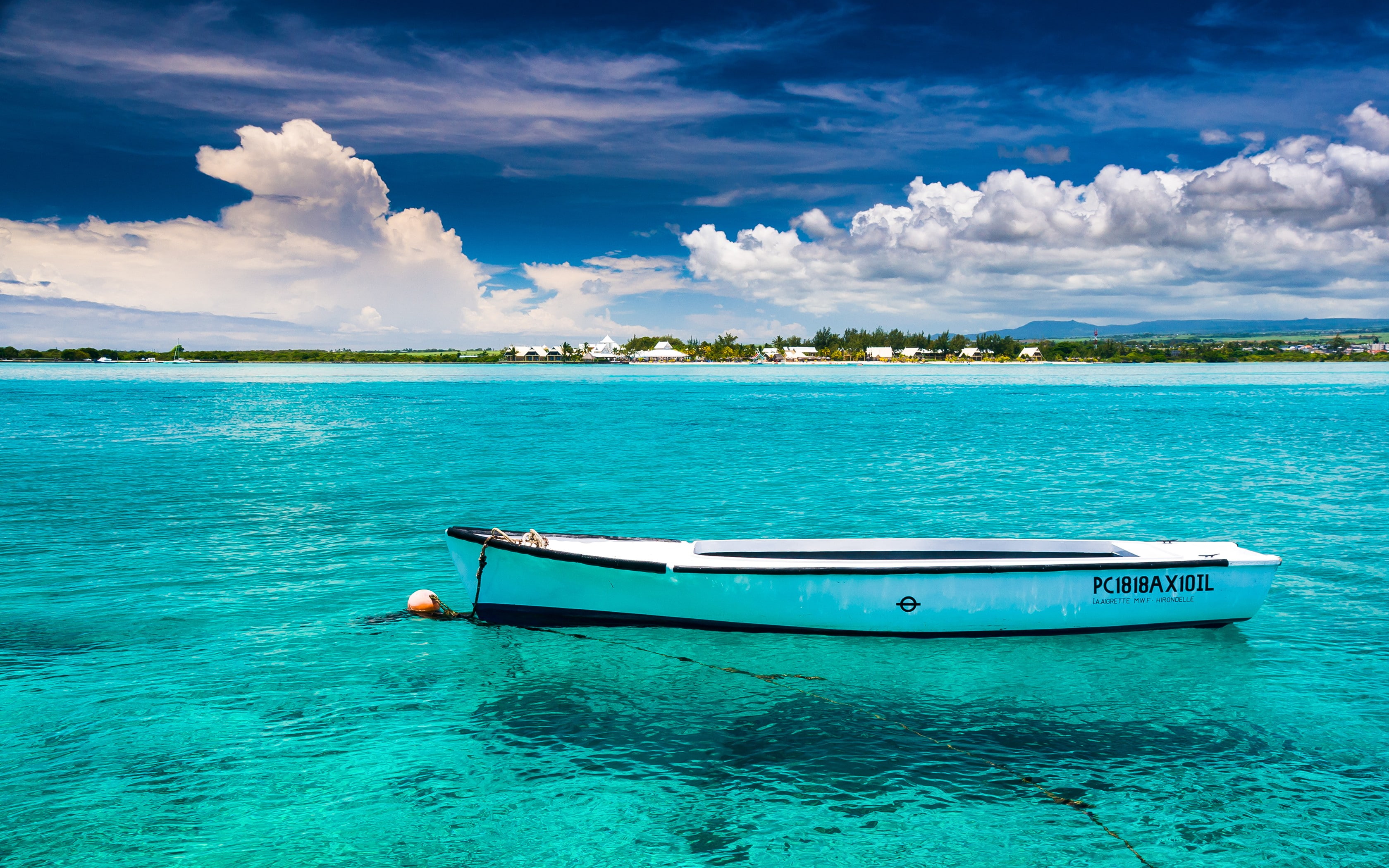 Mauritius, sky, tropical, clouds, 2K, sea, beach, island, boat, water, landscape, nature, turquoise, HD Wallpaper