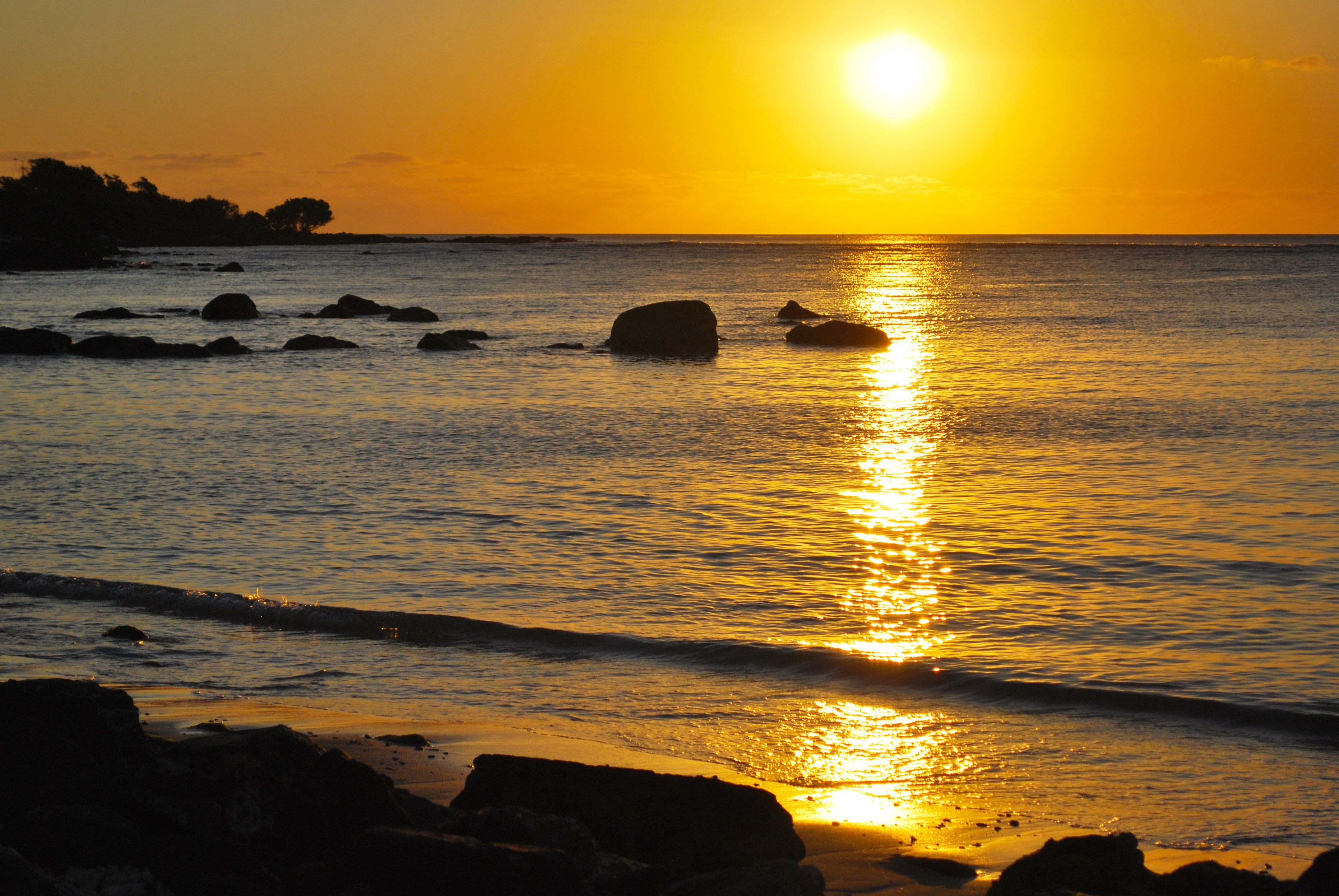 ocean, outdoors, wave, sea, rock, nature, horizon over water, tranquil scene, orange color, sky, near, end, horizon, water, golden, background, day, mauritius, HD Wallpaper