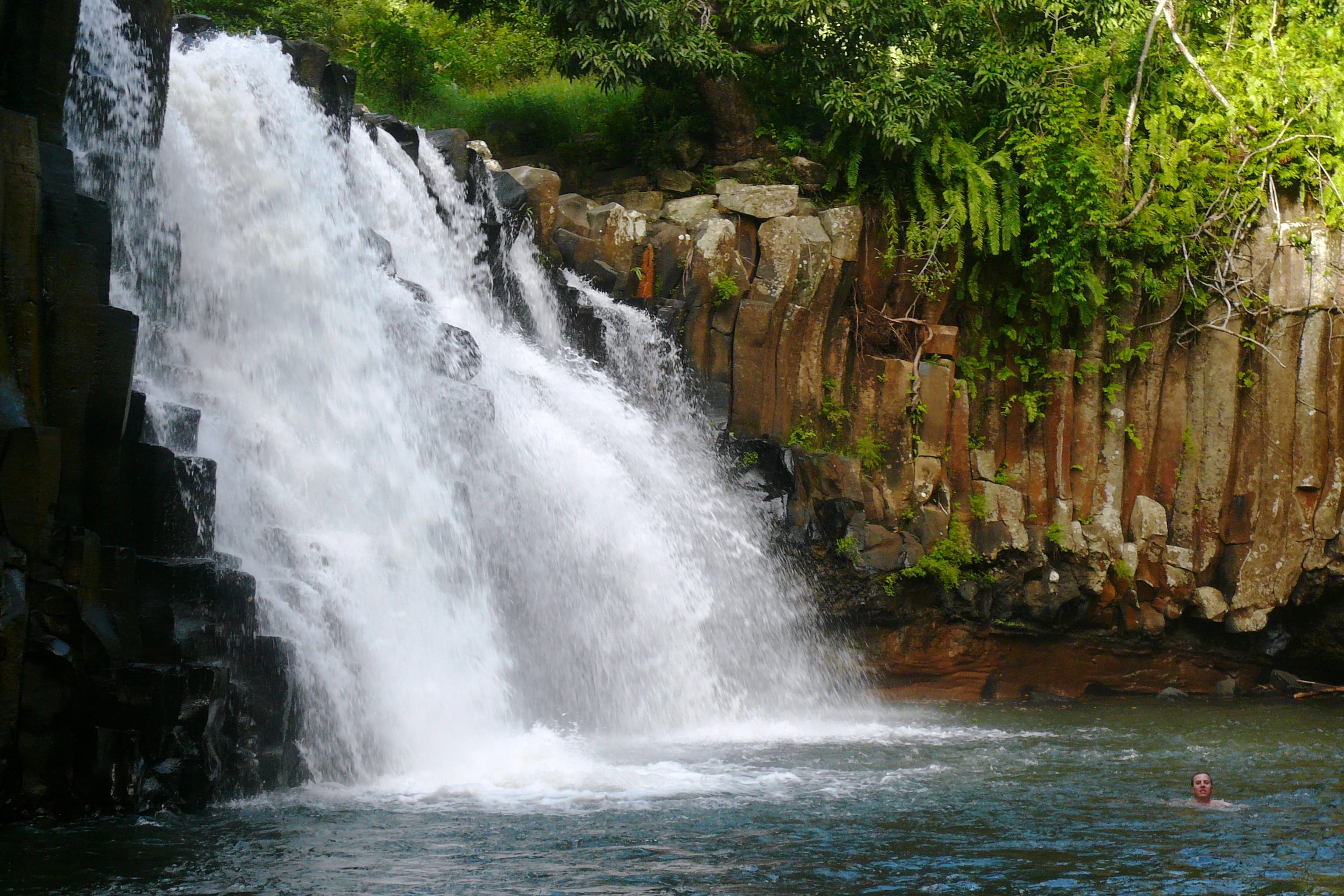 long exposure, tropics, mauritius, flowing, tree, waterfall, scenics - nature, flowing water, motion, 2K, rock, power in nature, jungle, beauty in nature, HD Wallpaper