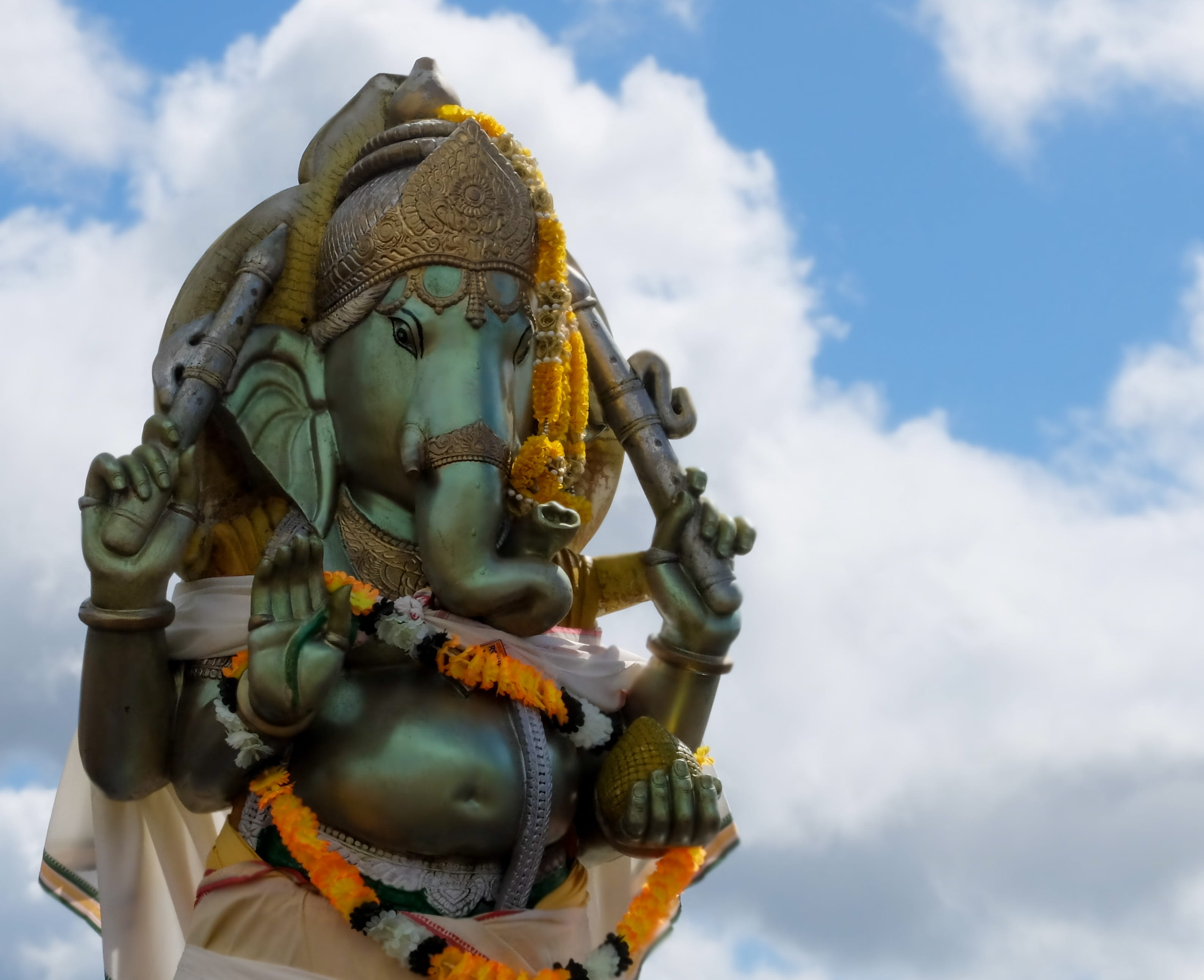 statue, nature, hindu, spirituality, 2K, religion, idol, sculpture, outdoors, representation, belief, sky, no people, ornate, ganesh, low angle view, human representation, HD Wallpaper