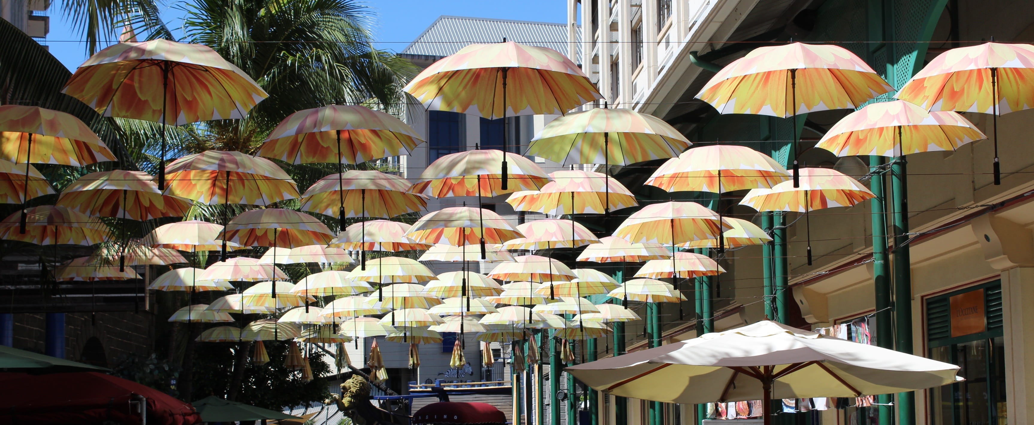 market, city, built structure, Parasols, sunlight, Port Louis, travel destinations, 2K, sky, clear sky, day, building, hanging, no people, multi colored, HD Wallpaper