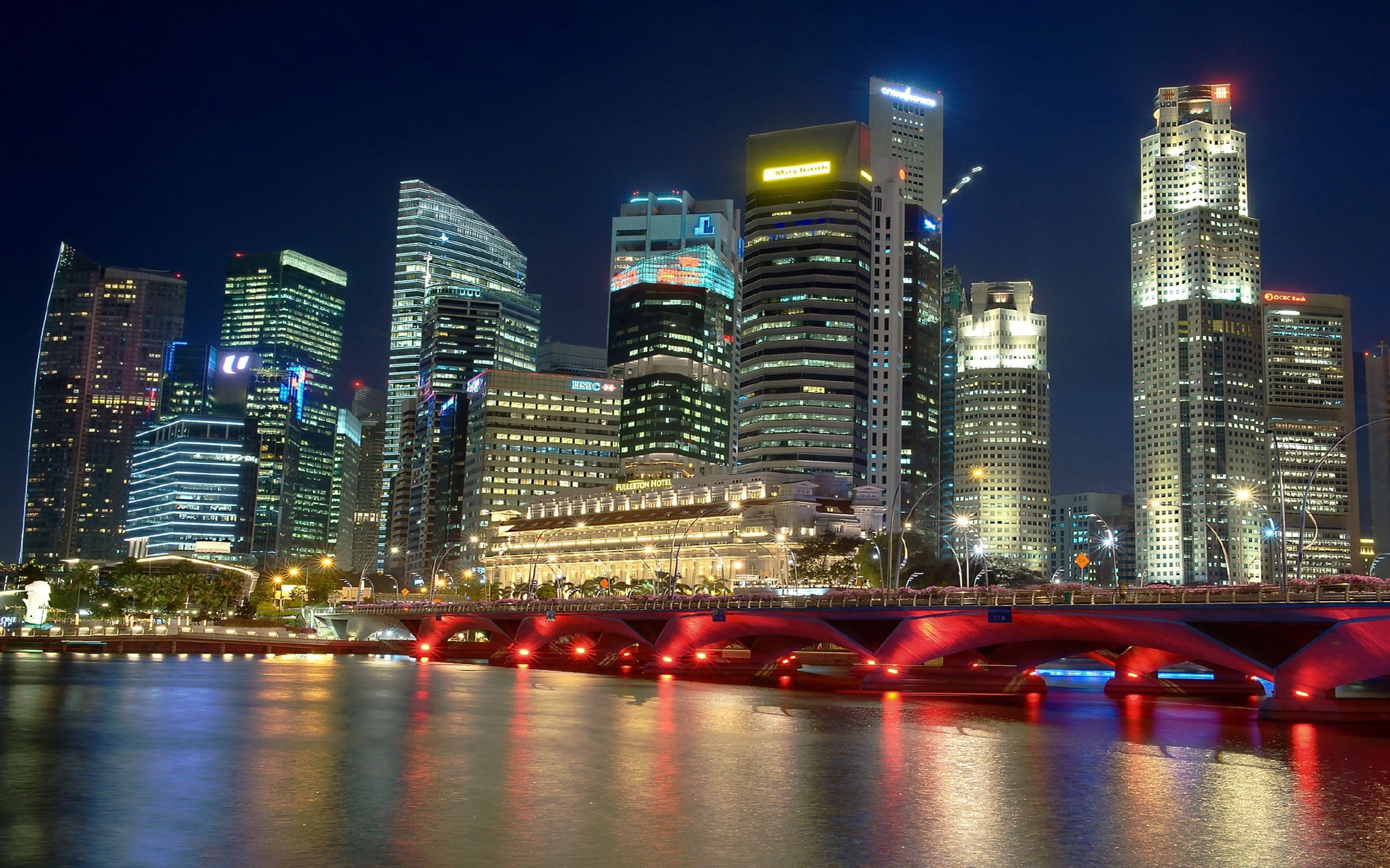 night, hd, lighting, 2K, singapore, bridge, building, skyscrapers, river, city, malaysia, HD Wallpaper