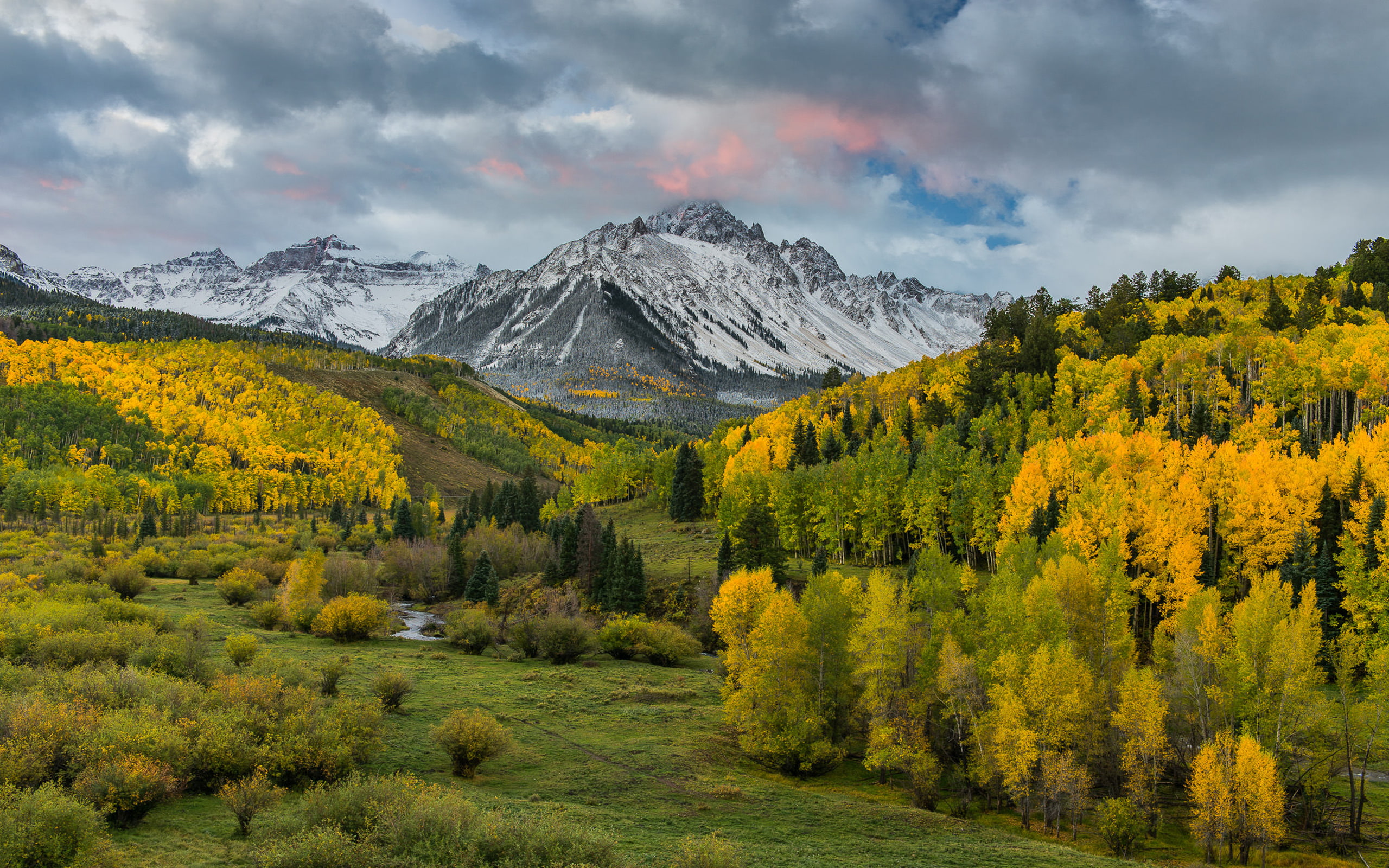 birch, usa, rocky, trees, snow, mountains, yellow, forest, golden, desktop, pine, landscape, colorado, leaves, autumn, sky, clouds, hd, 2K, HD Wallpaper