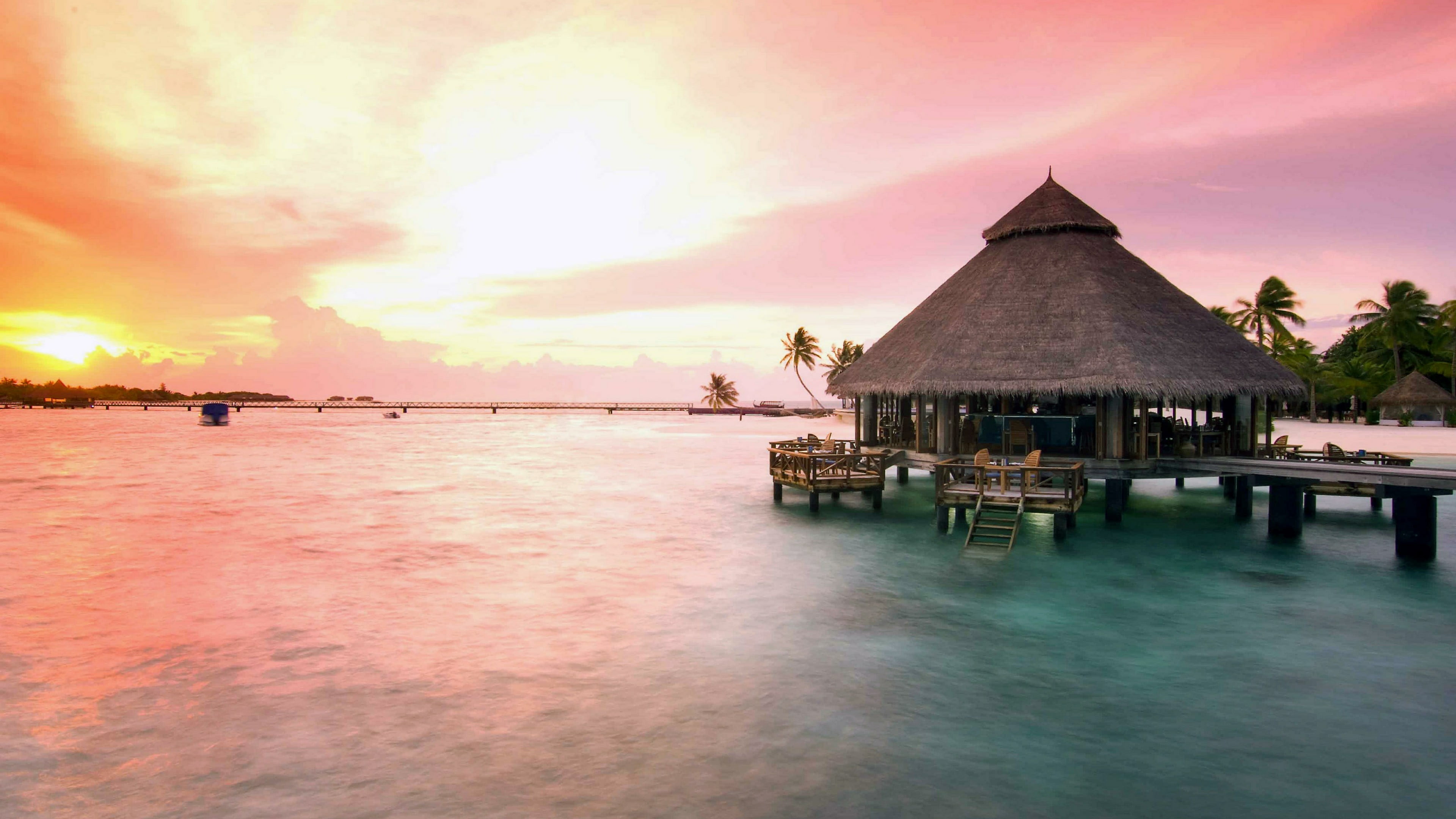 built structure, water, resort, travel destinations, overwater, bungalow, architecture, cloud - sky, maldives, orange color, sea, building exterior, nature, HD Wallpaper