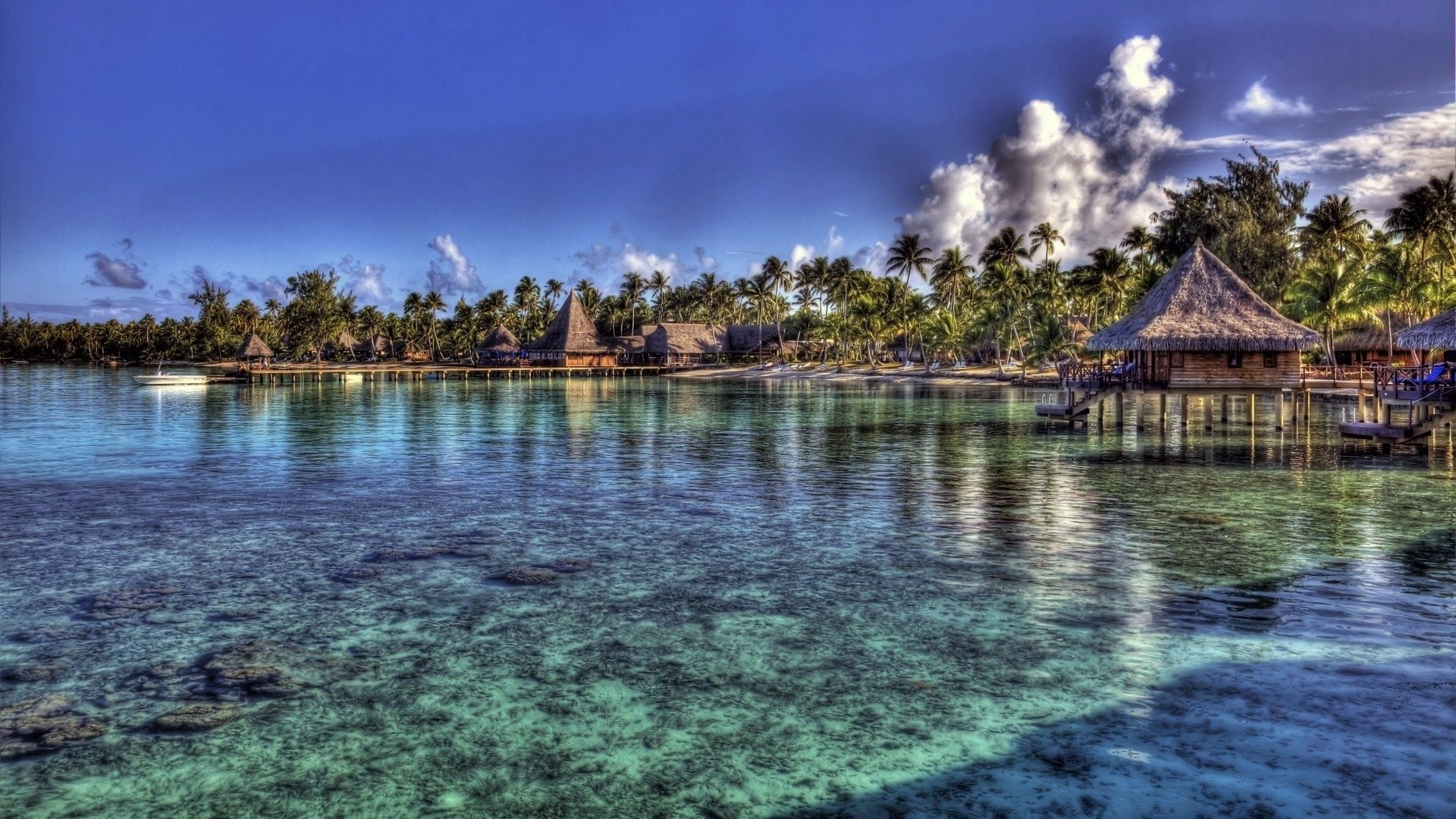 beauty in nature, 1080P, nature, building exterior, outdoors, tropics, cloud - sky, resort, cloud, summer, architecture, building, shore, bungalow, travel destinations, HD Wallpaper