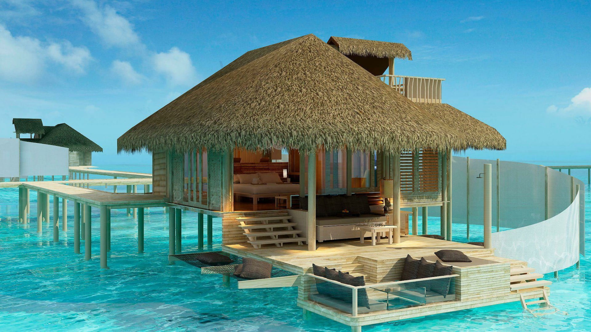 vacation, olhuveli island, indian ocean, house, building exterior, water, chair, no people, thatched roof, maldives, tourist resort, tropical climate, exotic, HD Wallpaper