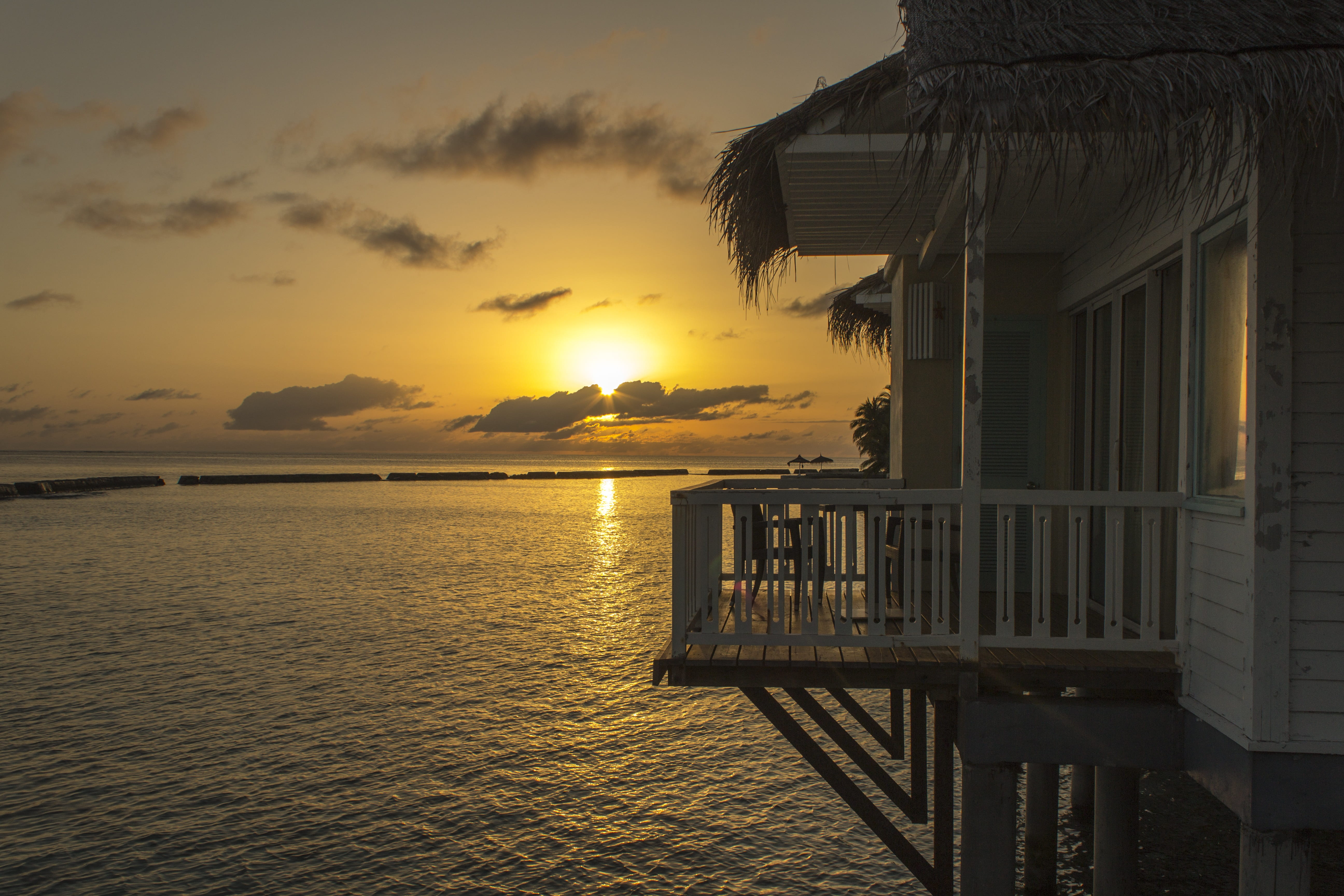 horizon, outdoors, bungalow, view, beauty in nature, cloud - sky, beautiful, sunset, body, hut, scenics - nature, idyllic, sky, morning, sea, architecture, HD Wallpaper
