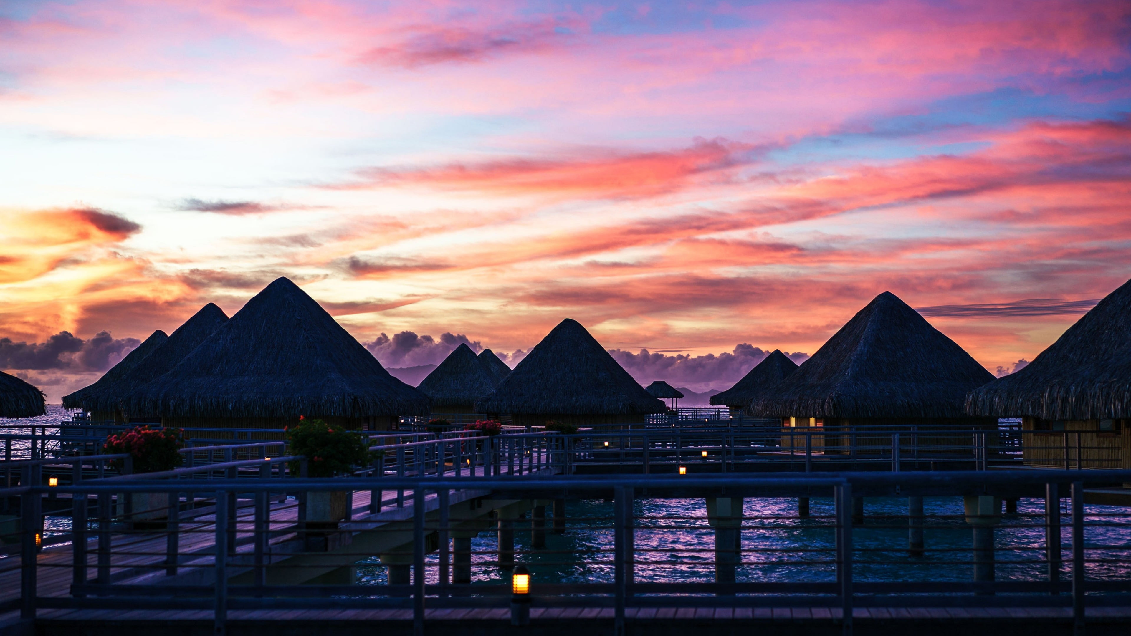 railing, 4K, french polynesia, tranquil scene, vacation, nature, overwater bungalow, scenics - nature, beauty in nature, romantic sky, sky, bungalow, built structure, HD Wallpaper