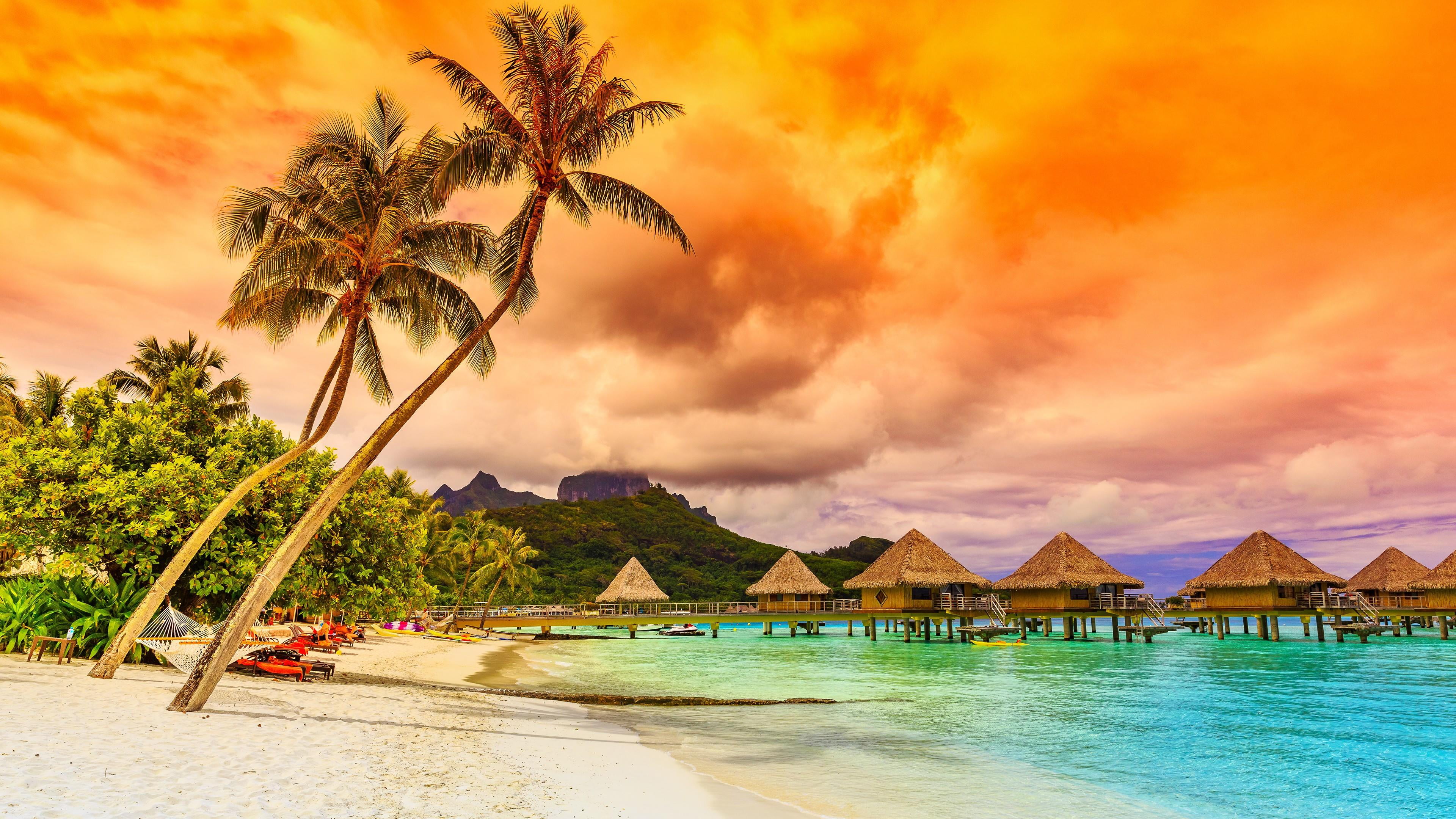 sky, orange clouds, beauty in nature, no people, ocean, palm, building, mountain, overwater bungalow, cloud, luxury, bungalow, turquoise colored, travel destinations, HD Wallpaper