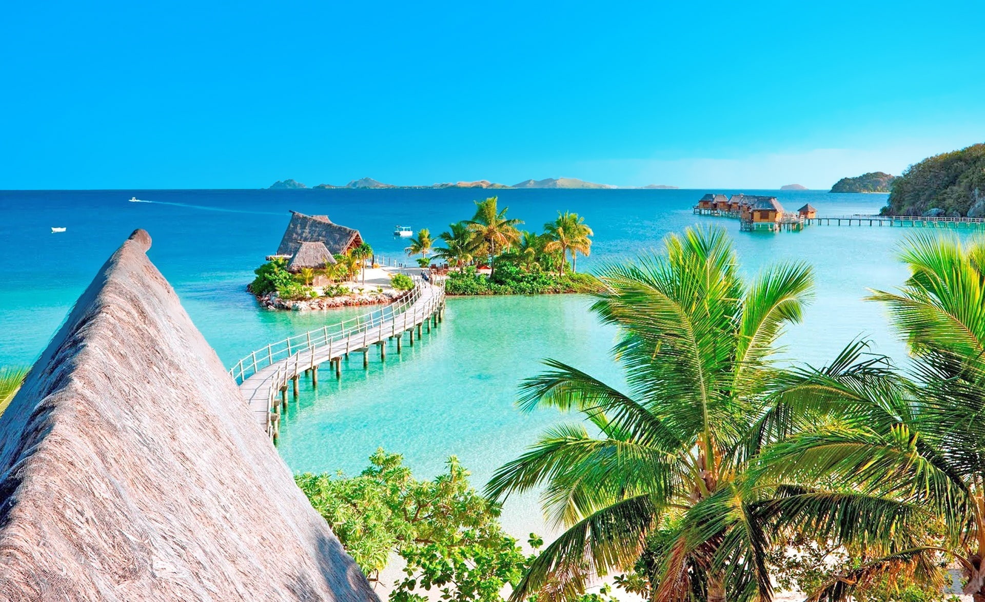 Exotic, 1080P, Tropical, Landscape, scenics - nature, palm trees, leafed, tranquility, Dream, Overwater Bungalows, resort, Islands, horizon over water, HD Wallpaper