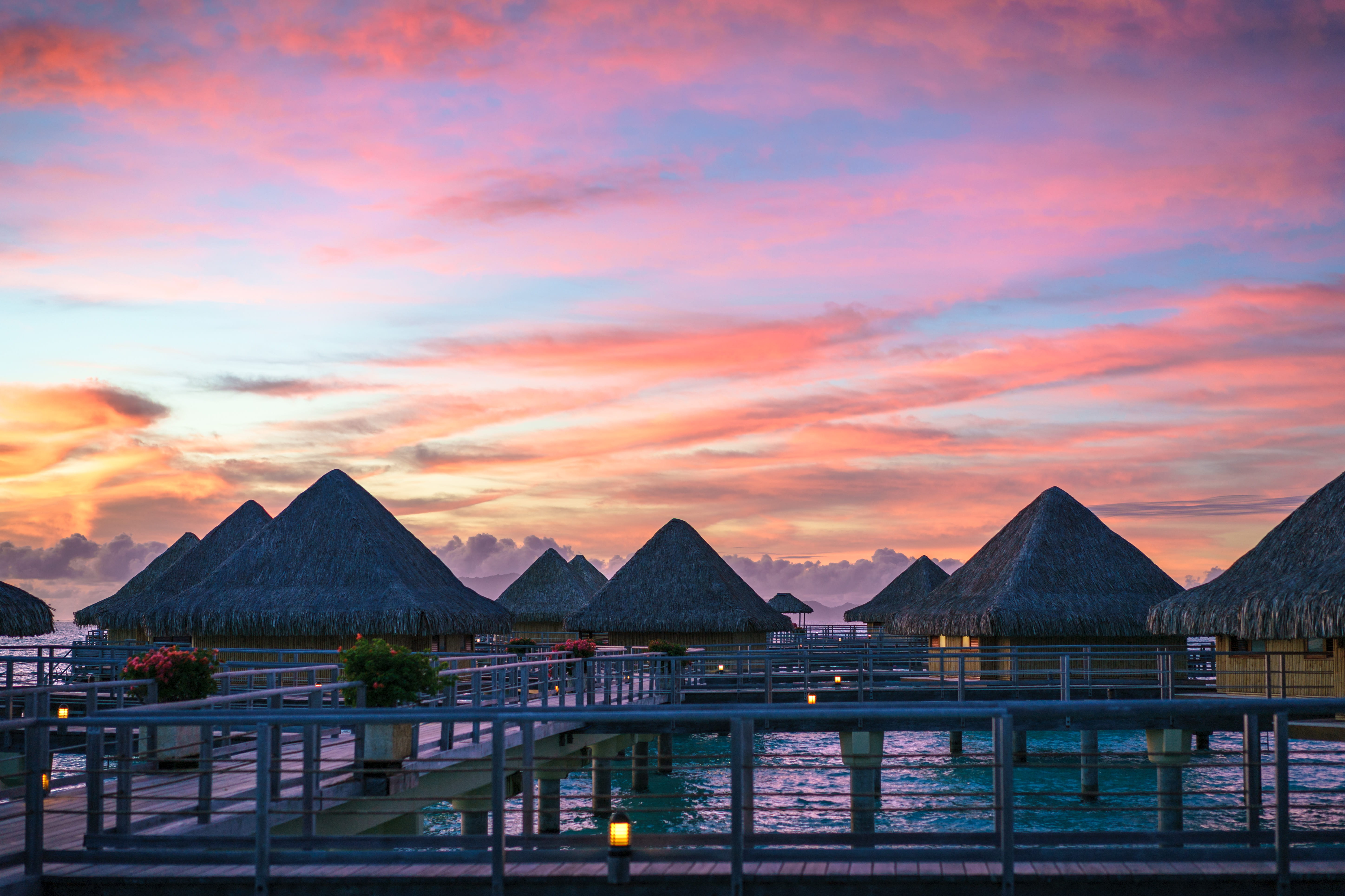 dusk, beauty in nature, no people, building exterior, mountain, photography, travel destinations, dawn, outdoors, cloud - sky, hotel, huts, nature, cloudscape, HD Wallpaper