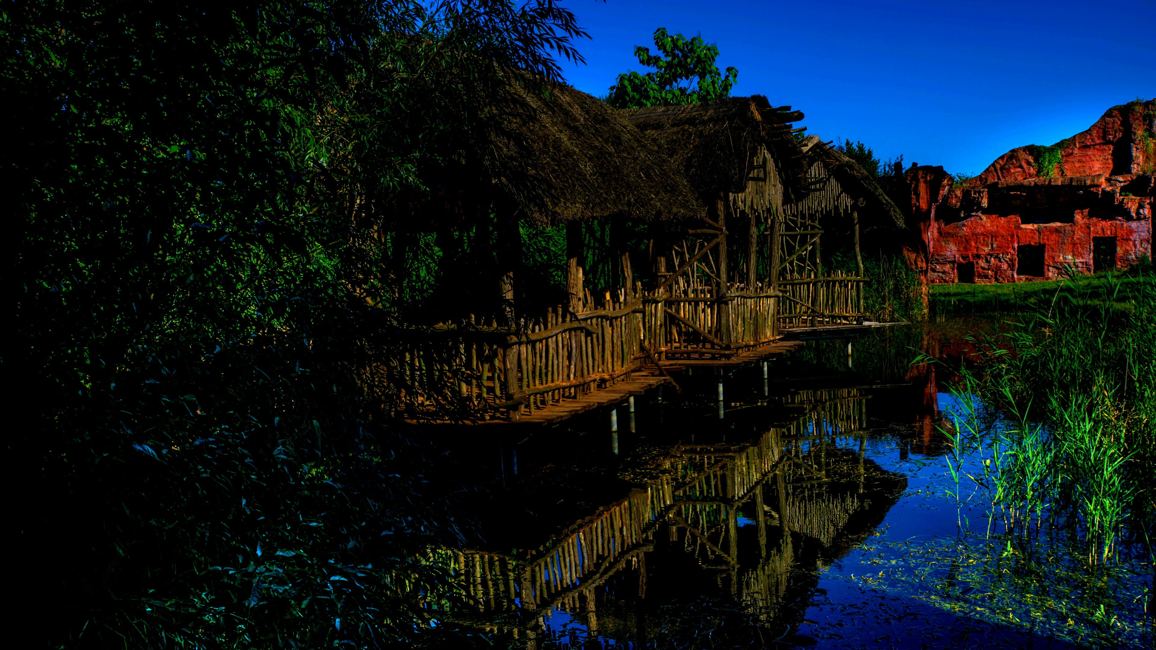 day, tranquil scene, bungalow, history, night, overwater, tree, no people, water, plant, ruined, beauty in nature, tranquility, 4K, built structure, sky, HD Wallpaper