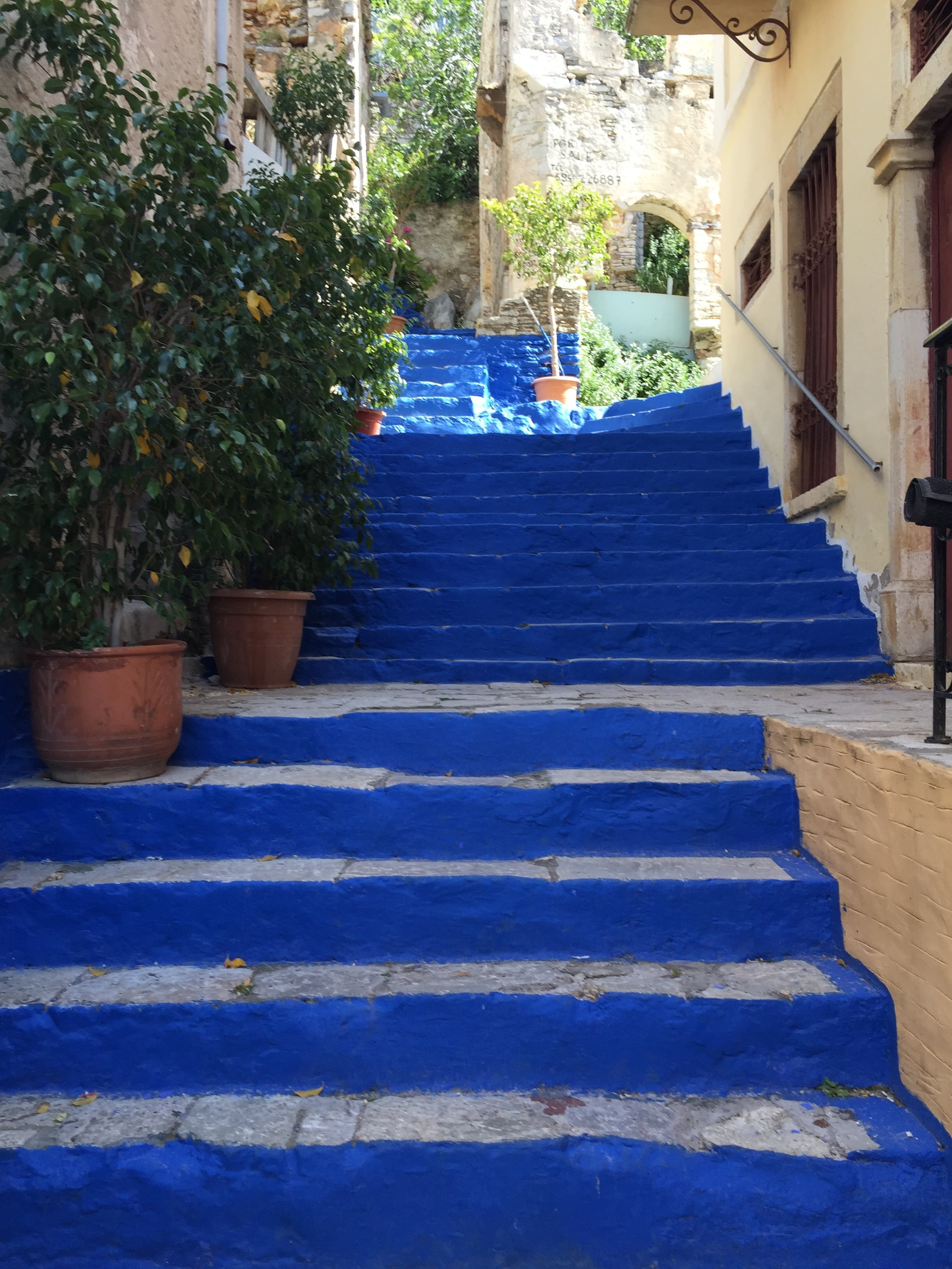 street, blue, steps and staircases, no people, flower pot, greece, built structure, the way forward, residential district, absence, trap, outdoors, symi, Phone HD Wallpaper