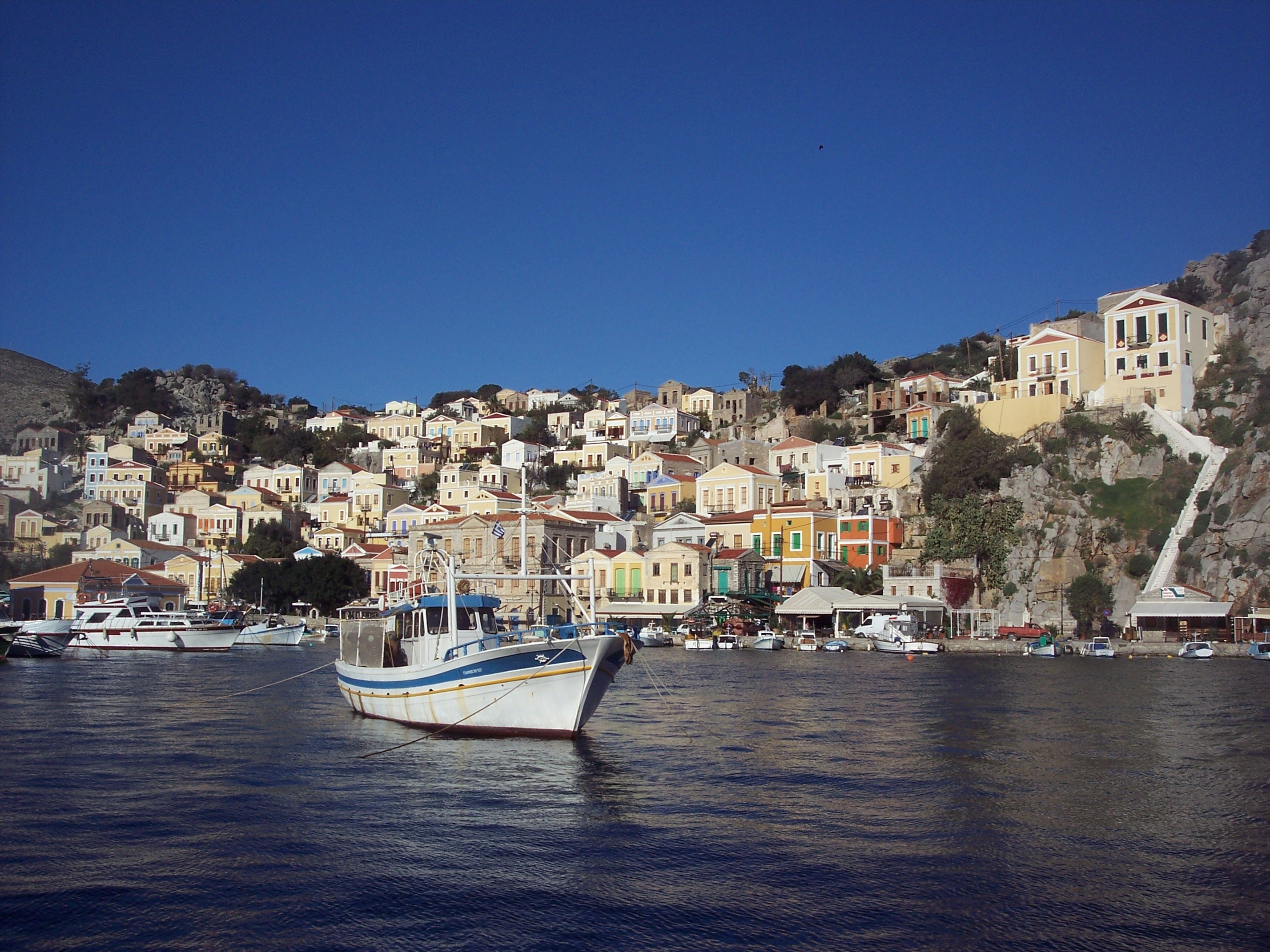 moored, no people, aegean, dodecanesse, cityscape, boat, building, transportation, city, water, symi, residential district, copy space, nature, waterfront, HD Wallpaper