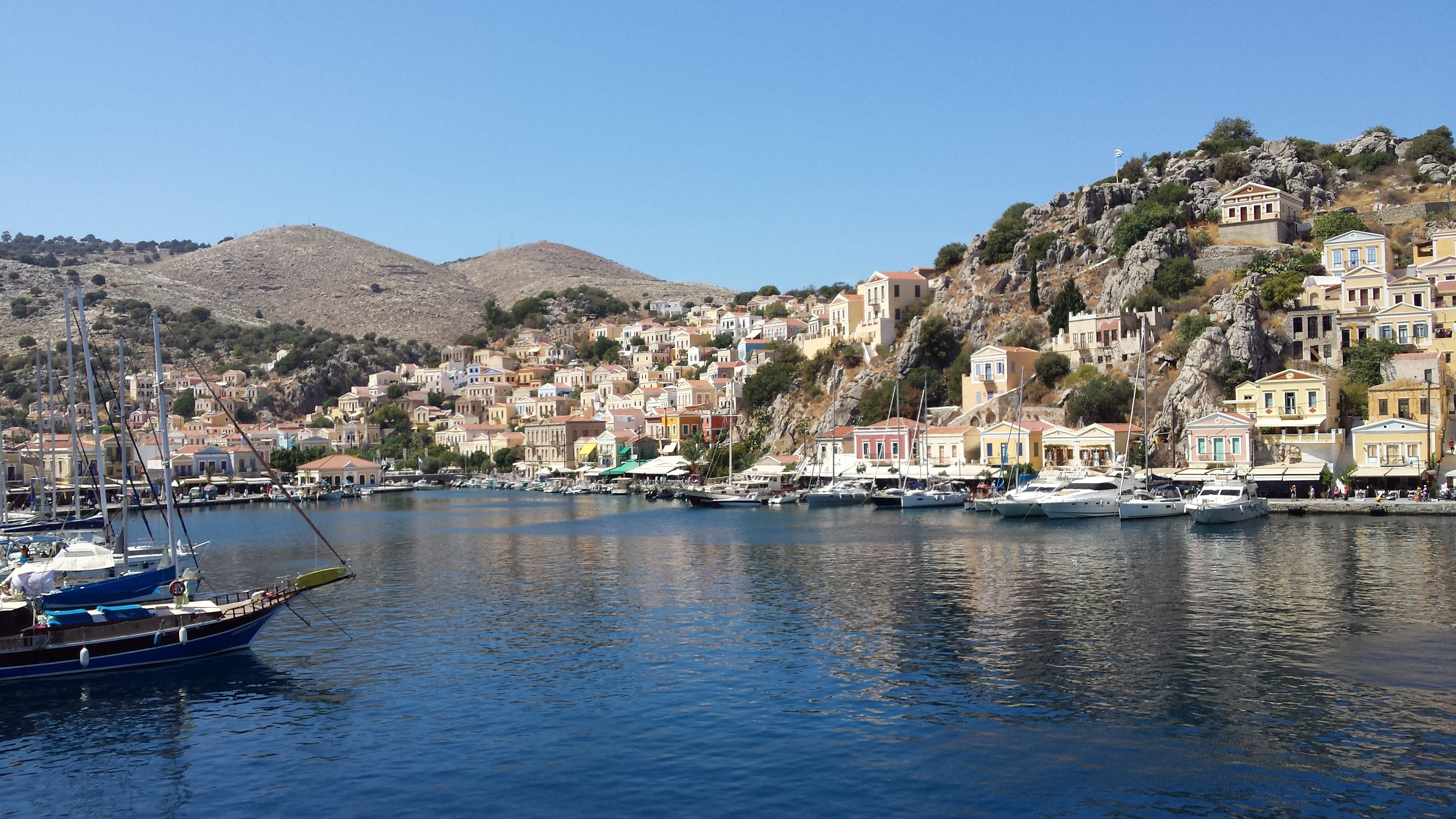 symi, island, tourism, beach, passenger craft, city, outdoors, summer, mode of transportation, travel destinations, houses, 4K, built structure, ocean, HD Wallpaper