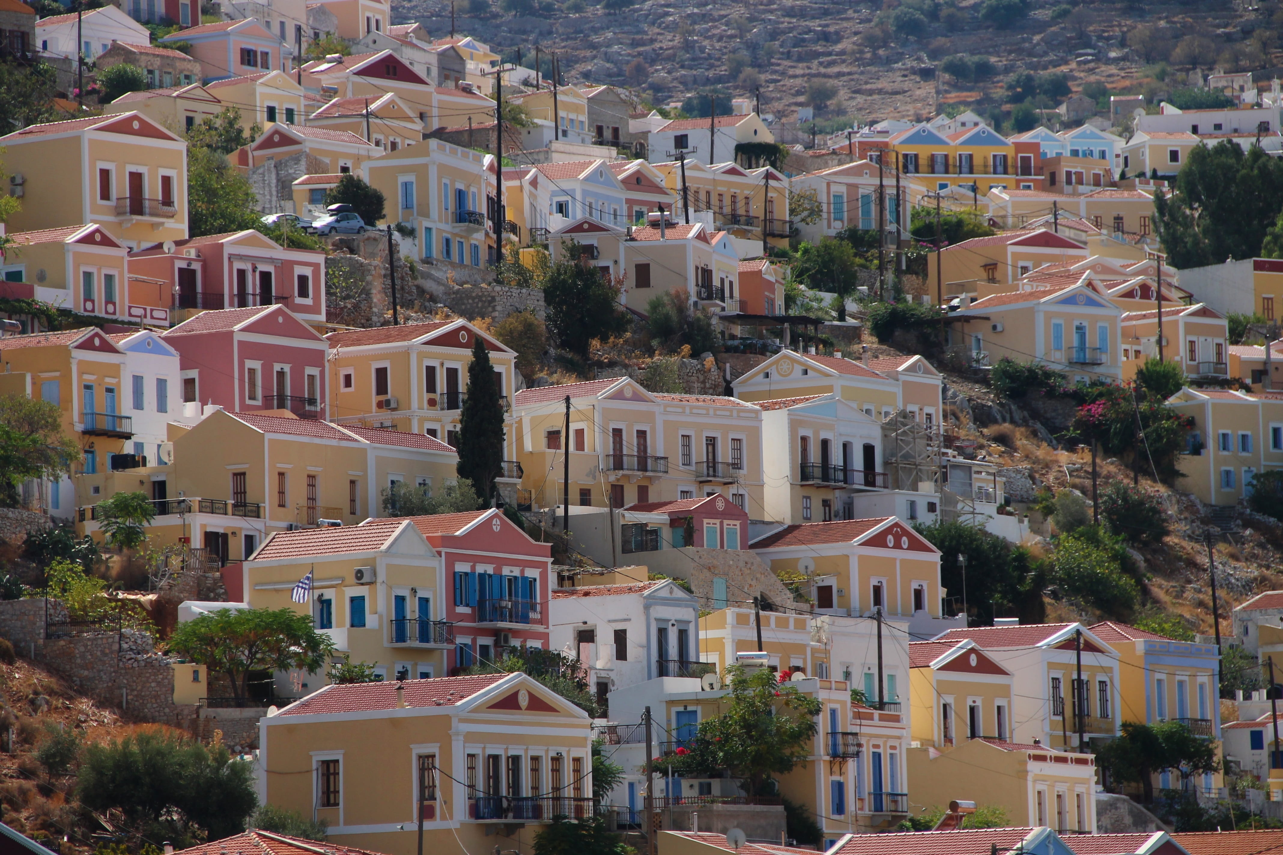 mediterranean, building, island, residential district, row house, outdoors, day, no people, aegean sea, sunlight, plant, 4K, color, houses, port city, HD Wallpaper