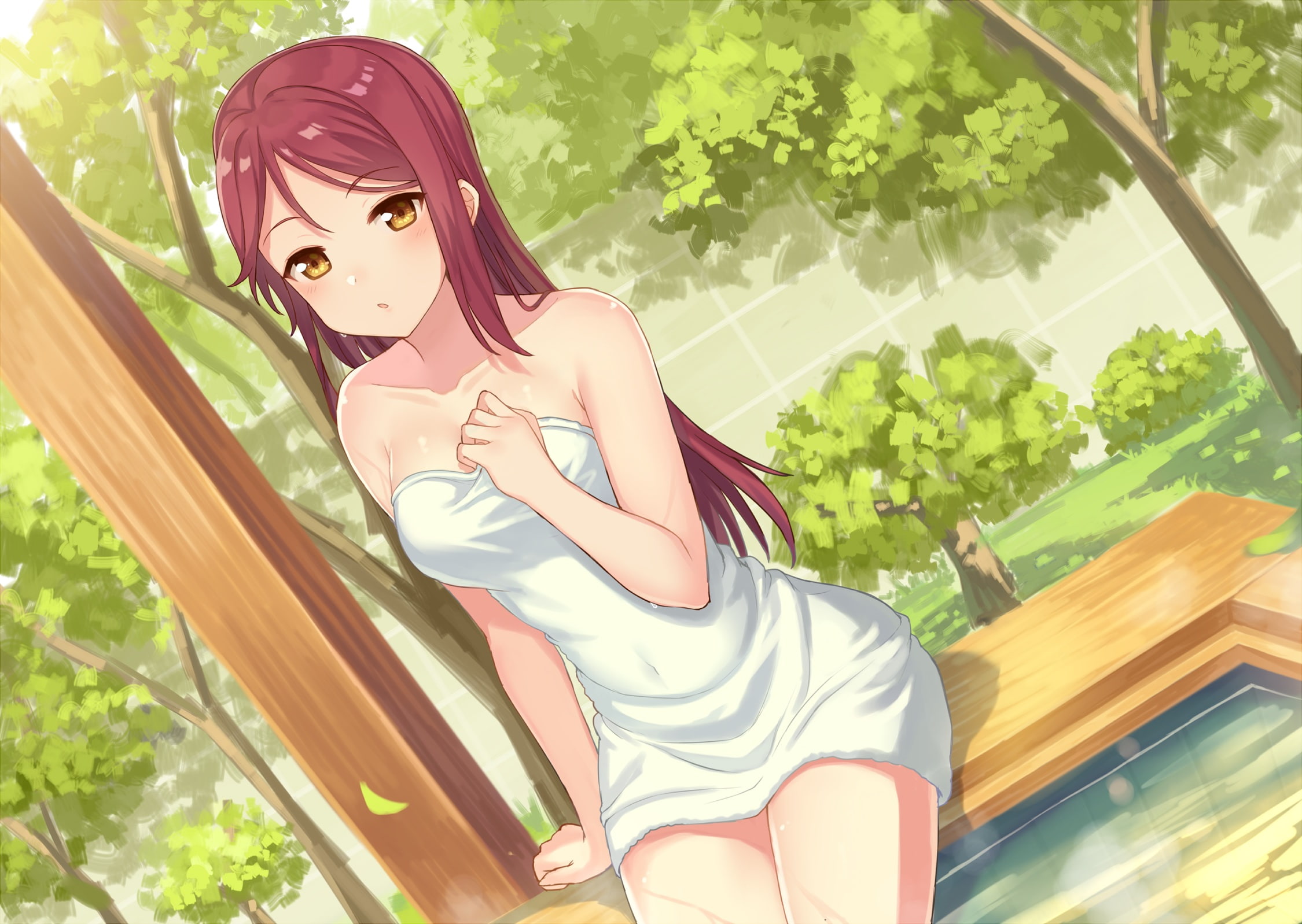 red, sunshine!!, kame^^, project, yellow, water, towel, 262051, hair, school, eyes, tree, leaves, long, com, konachan, live!, idol, 1080P, love, sakurauchi, HD Wallpaper