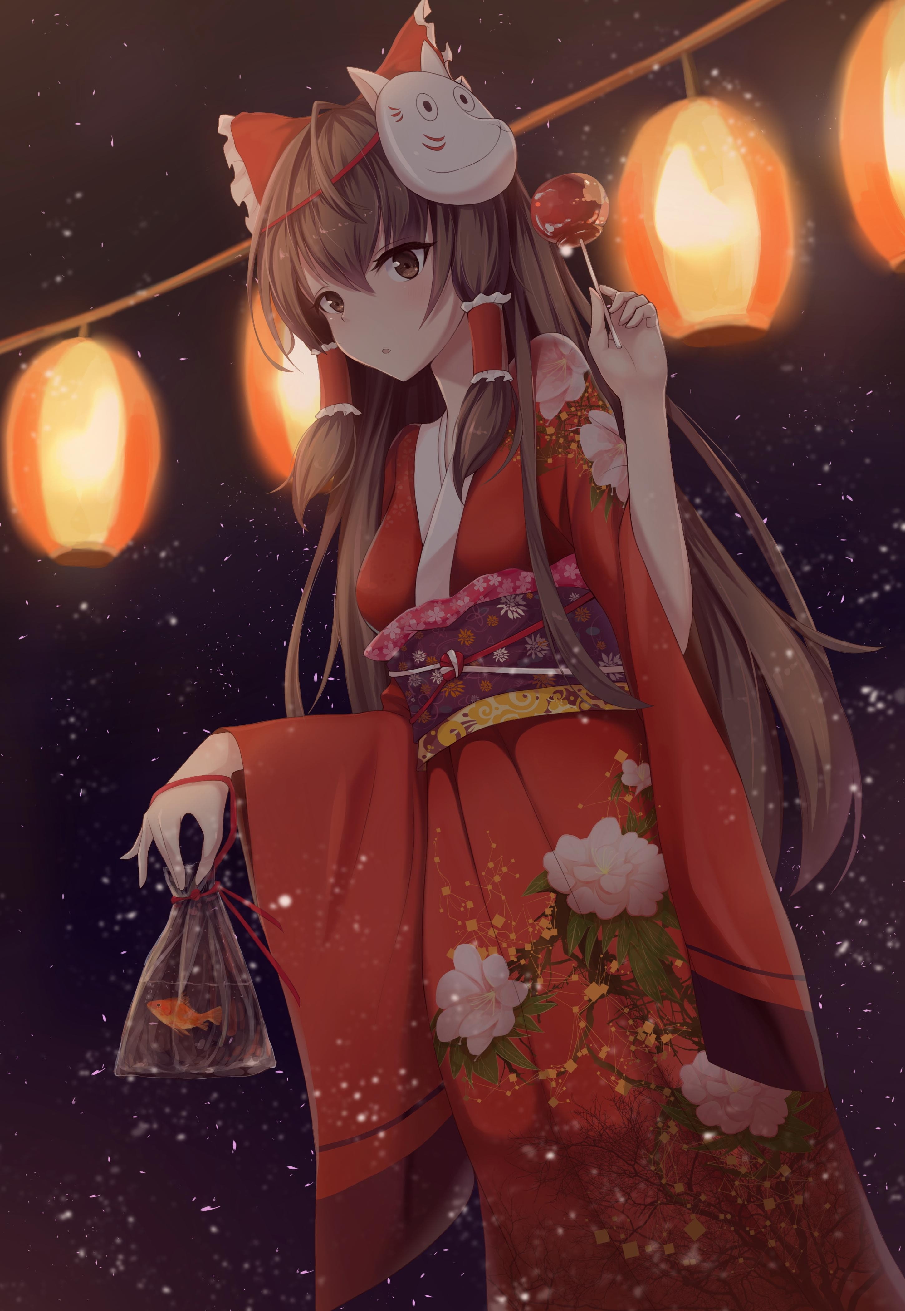adult, food and drink, 4K, christmas, creativity, human representation, female likeness, lanterns, brown hair, nature, night, holiday - event, Anime, hakurei reimu, Phone HD Wallpaper