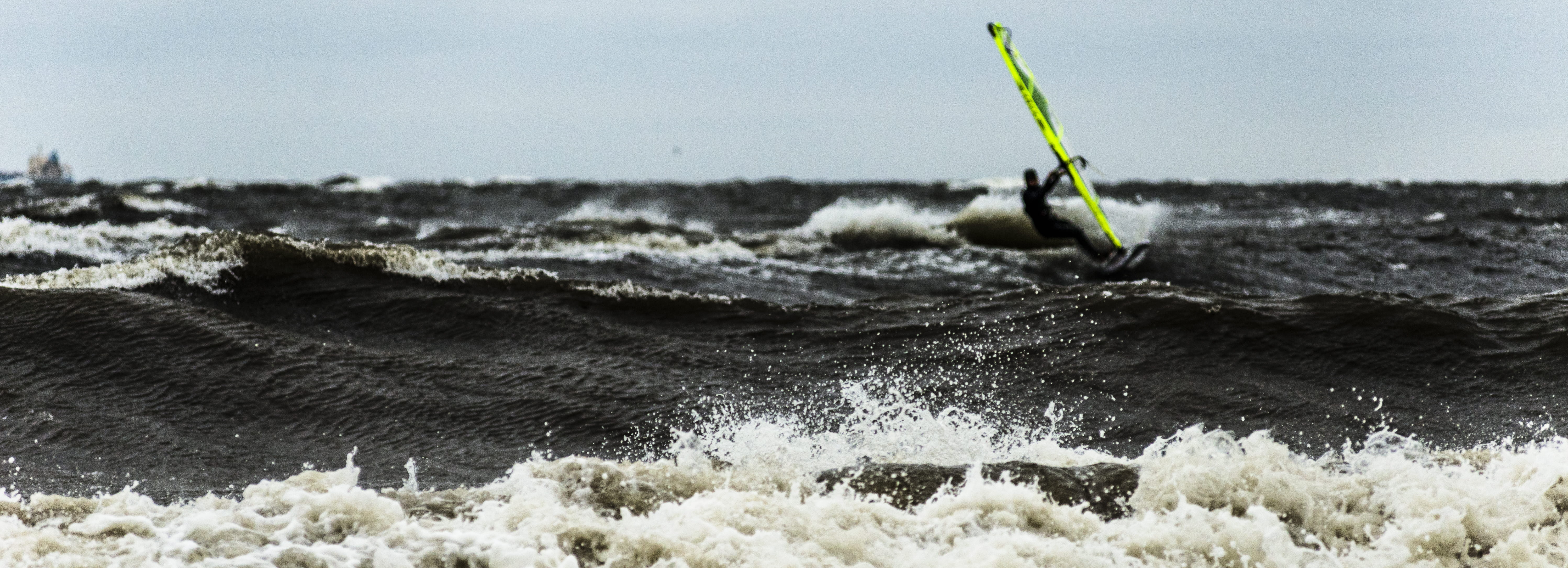 extreme sports, leisure activity, autumn, ultrawide, panavision, motion, splash, outdoors, wind, sea, session, wide, gdynia, water, super, 5K, storm, windsurfer, HD Wallpaper