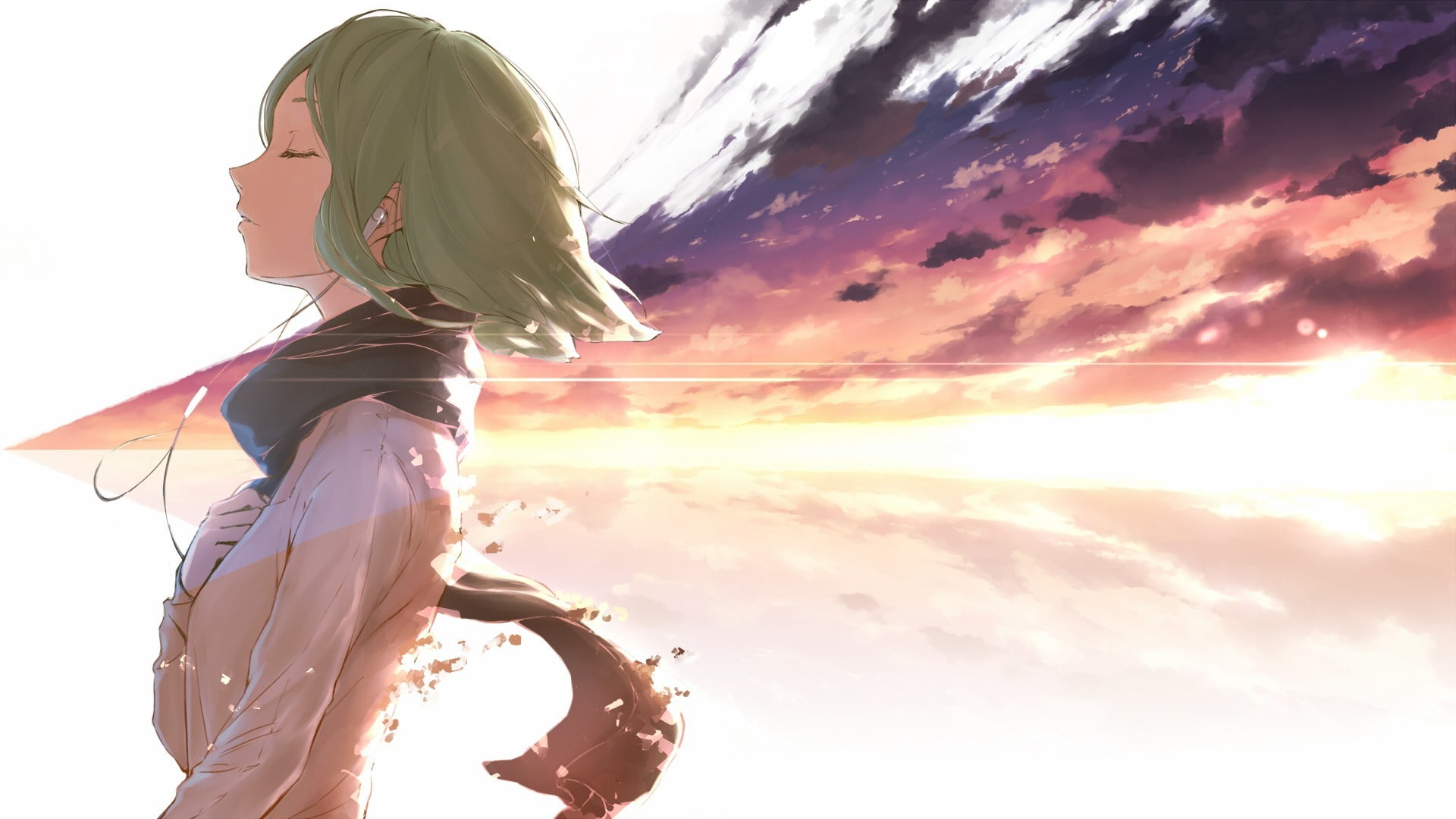 anime, 1080P, girls, vocaloid, gumi, megpoid gumi, anime girls, megpoid, earphone, scarf, HD Wallpaper
